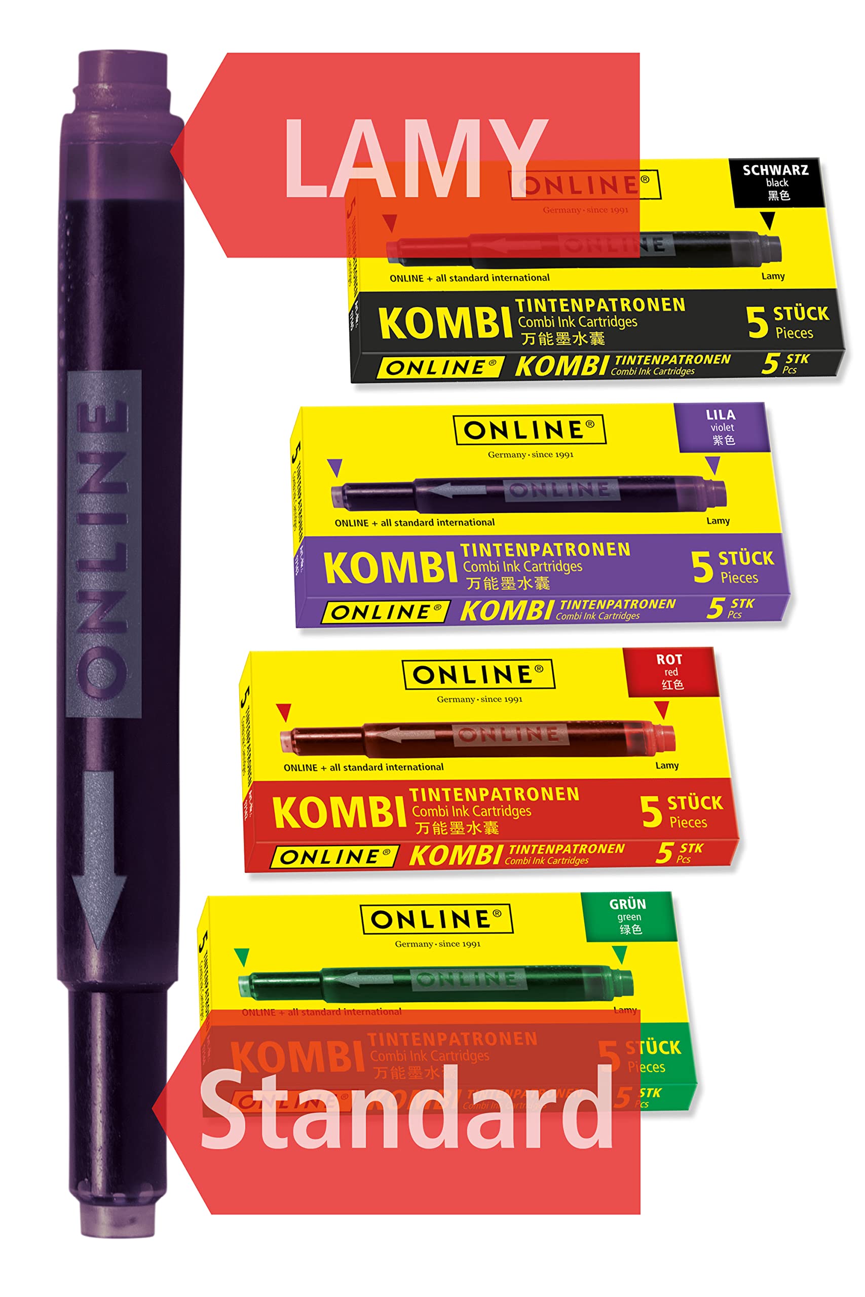 Online Colourful Double-Sided Pen Refills - 20 Cartridges (4-Pack) | Red, Green, Black, Purple | Universal & Lamy Compatible