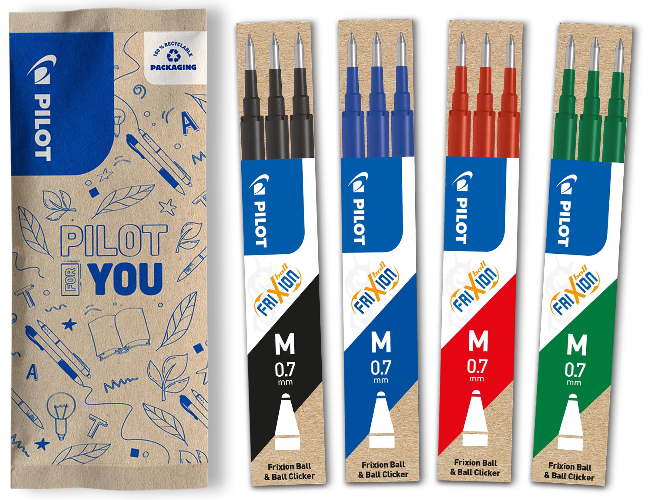 PILOT FriXion Erasable Rollerball Pen Refills 0.7mm (0.4mm Line) - 4 Sets of 3 (Blue, Black, Red, Green)