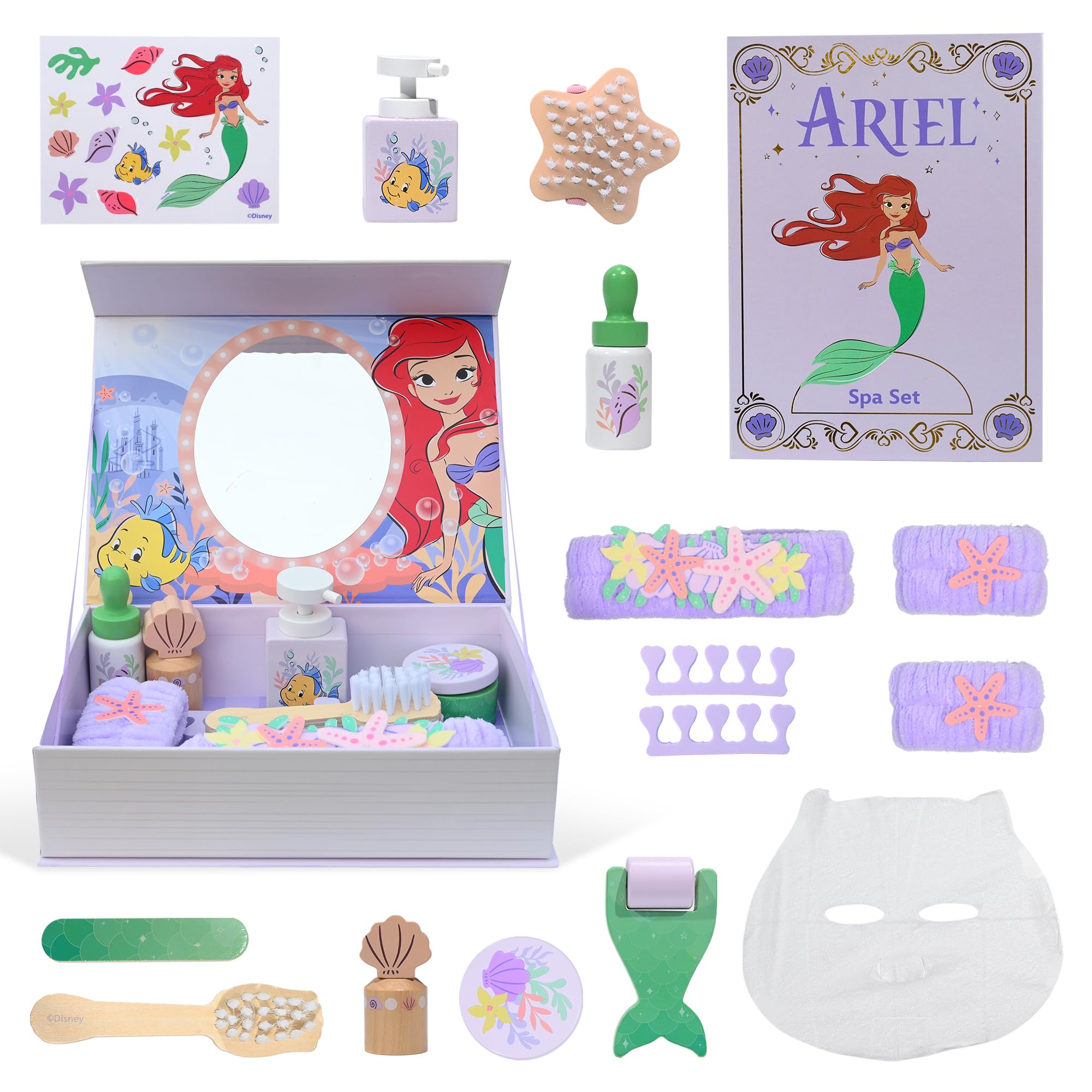 Disney Princess Ariel Wooden Spa Set for Kids - 18 Piece Pretend Beauty Play | FSC Wood | Ages 3+