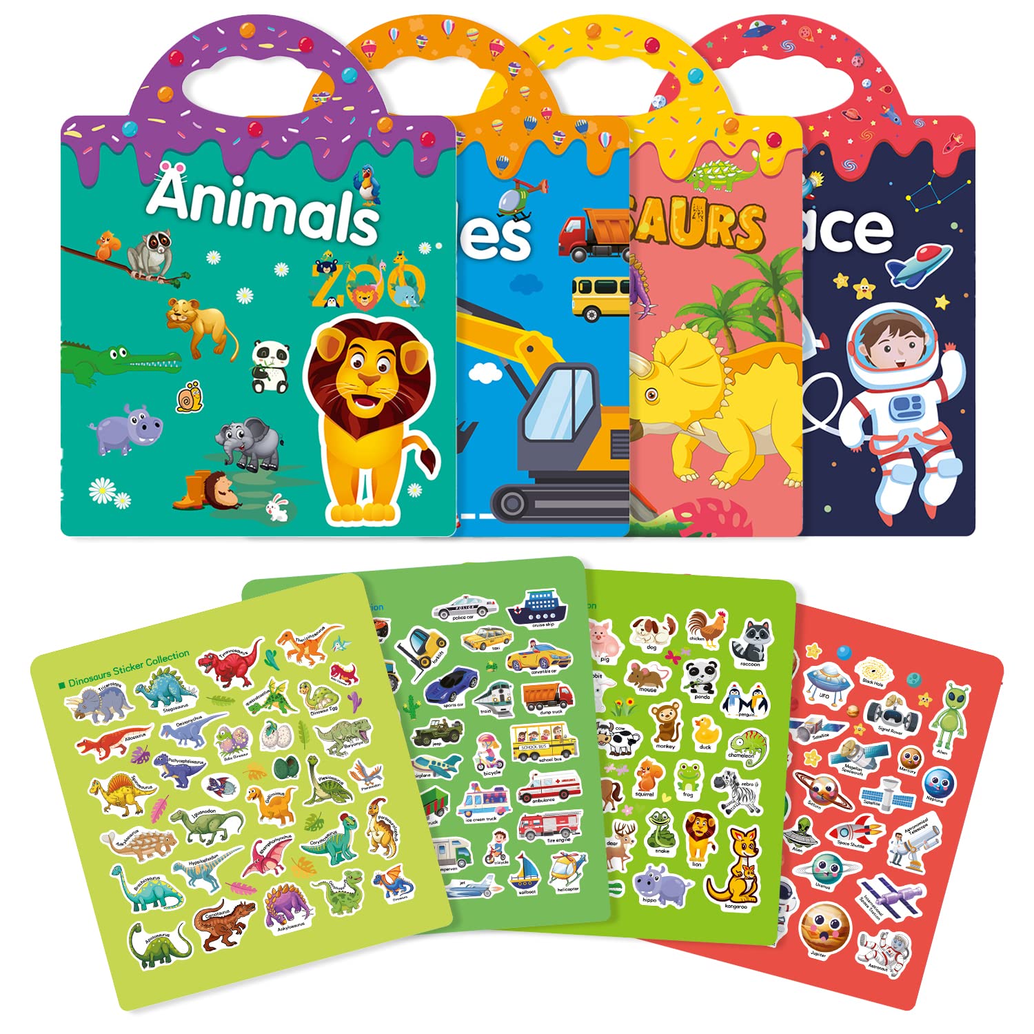 GUYUCOM 4 Pack Reusable Sticker Books for Kids Ages 3+ | Dinosaur, Animal, Space, Vehicle Themes 1