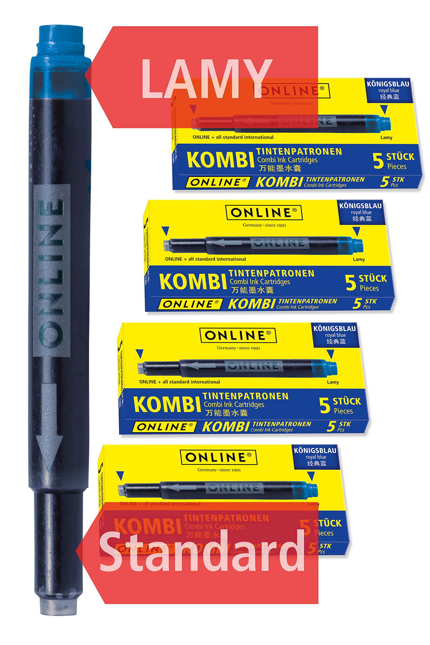 Online Universal Double-Sided Fountain Pen Refills - Royal Blue Ink | 4-Pack Maxi Size