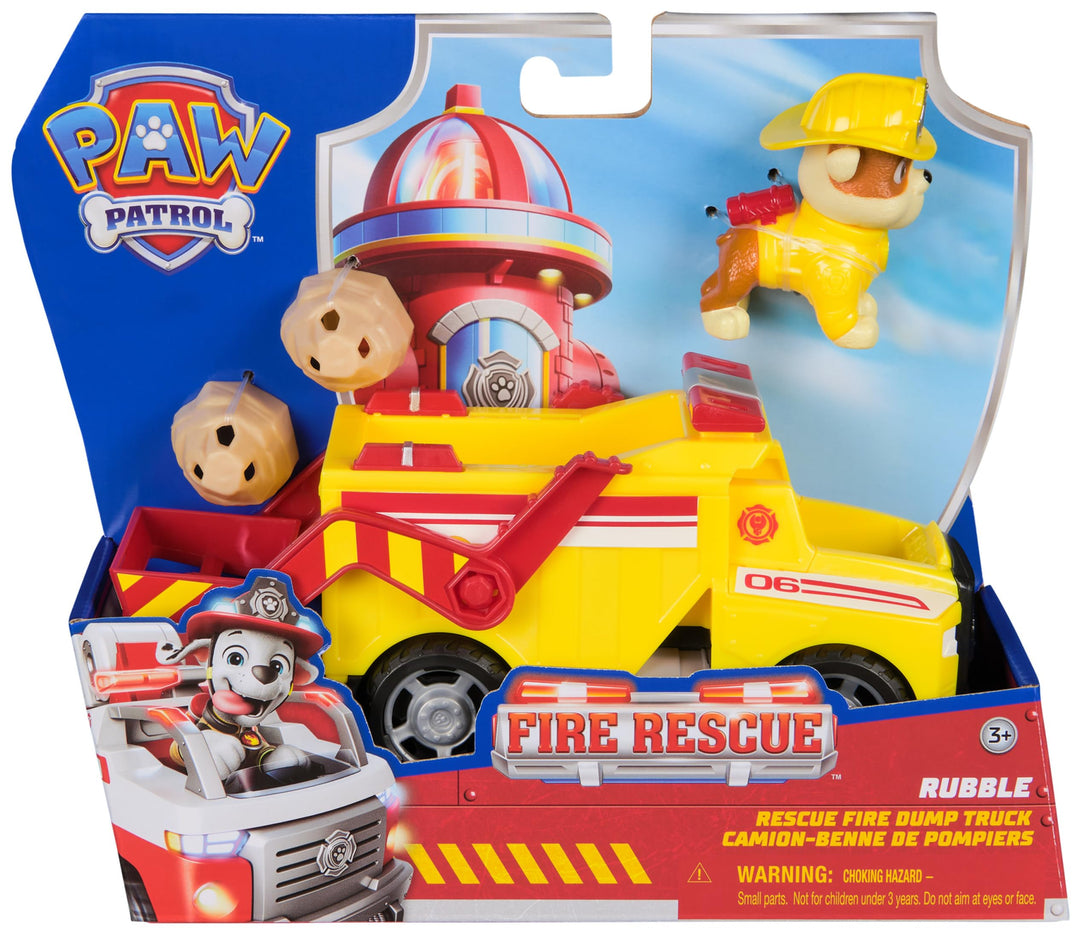 PAW Patrol Rubble Rescue Fire Dump Truck with Action Figure and Projectiles - Fire Rescue Playset for Kids