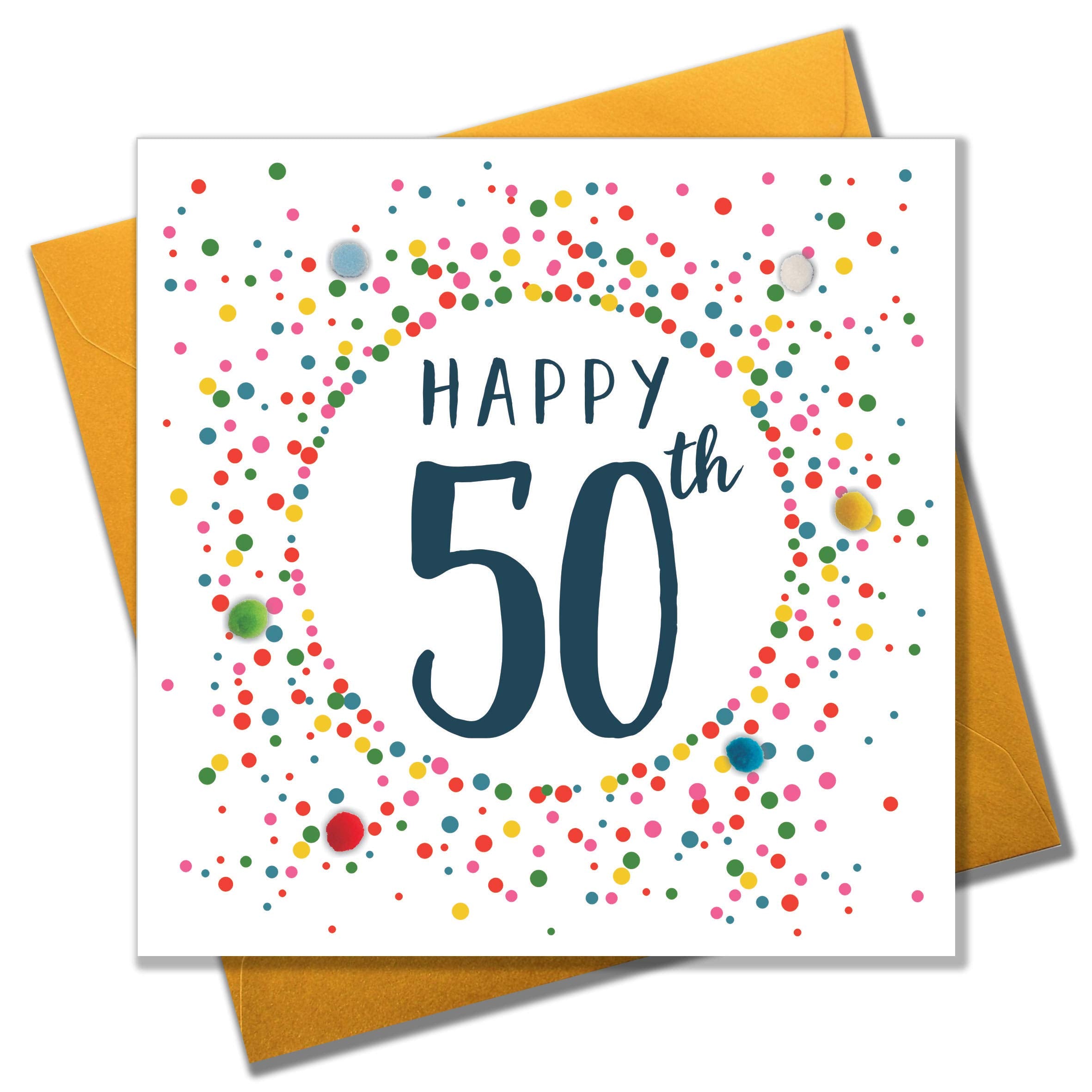 Claire Giles Greeting Cards - Dotty Age 50 Birthday Card with Colourful Pompoms | 150x150mm