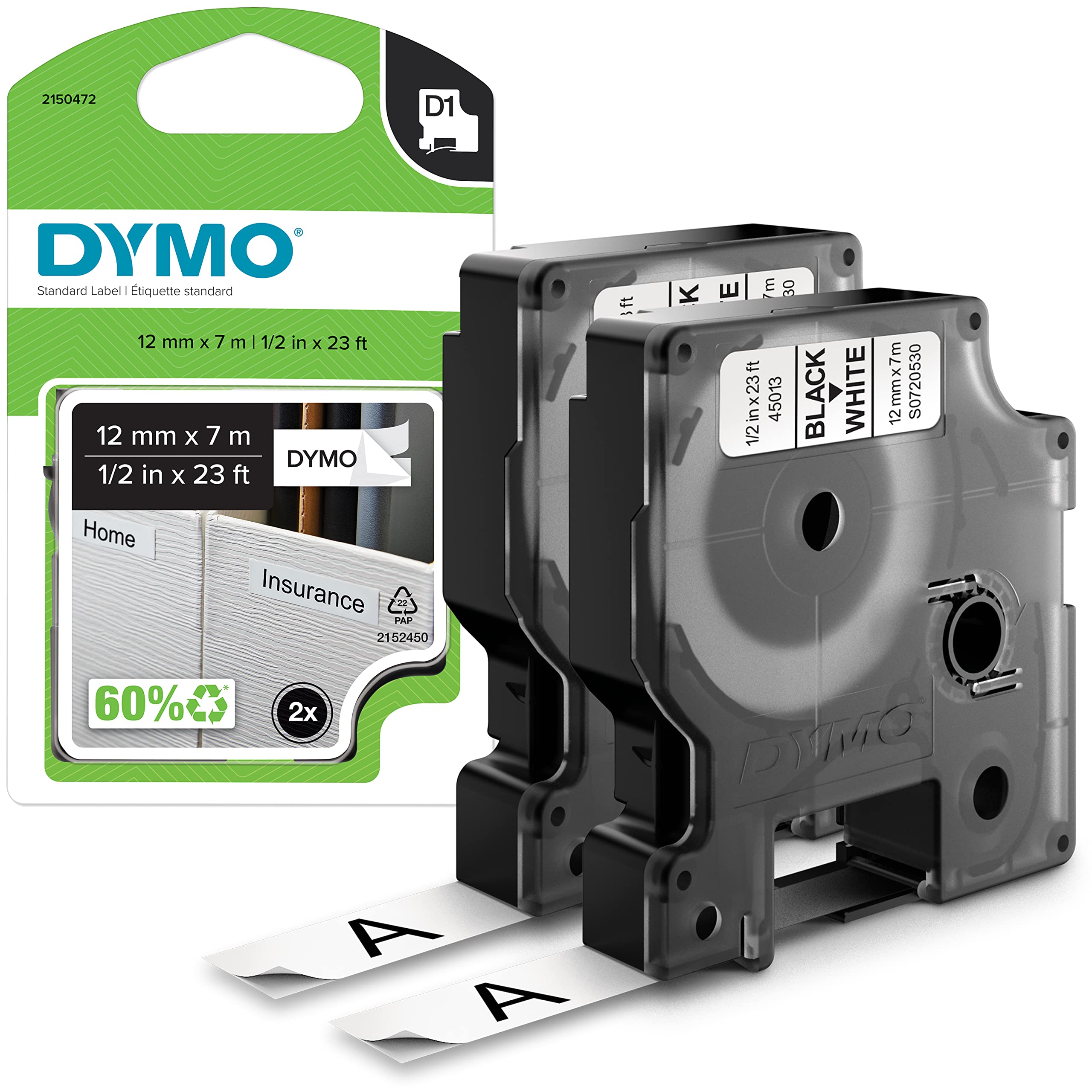 Dymo Authentic D1 Label Tape - Black Print on White | 12mm x 7m | Self-Adhesive | 2 Rolls