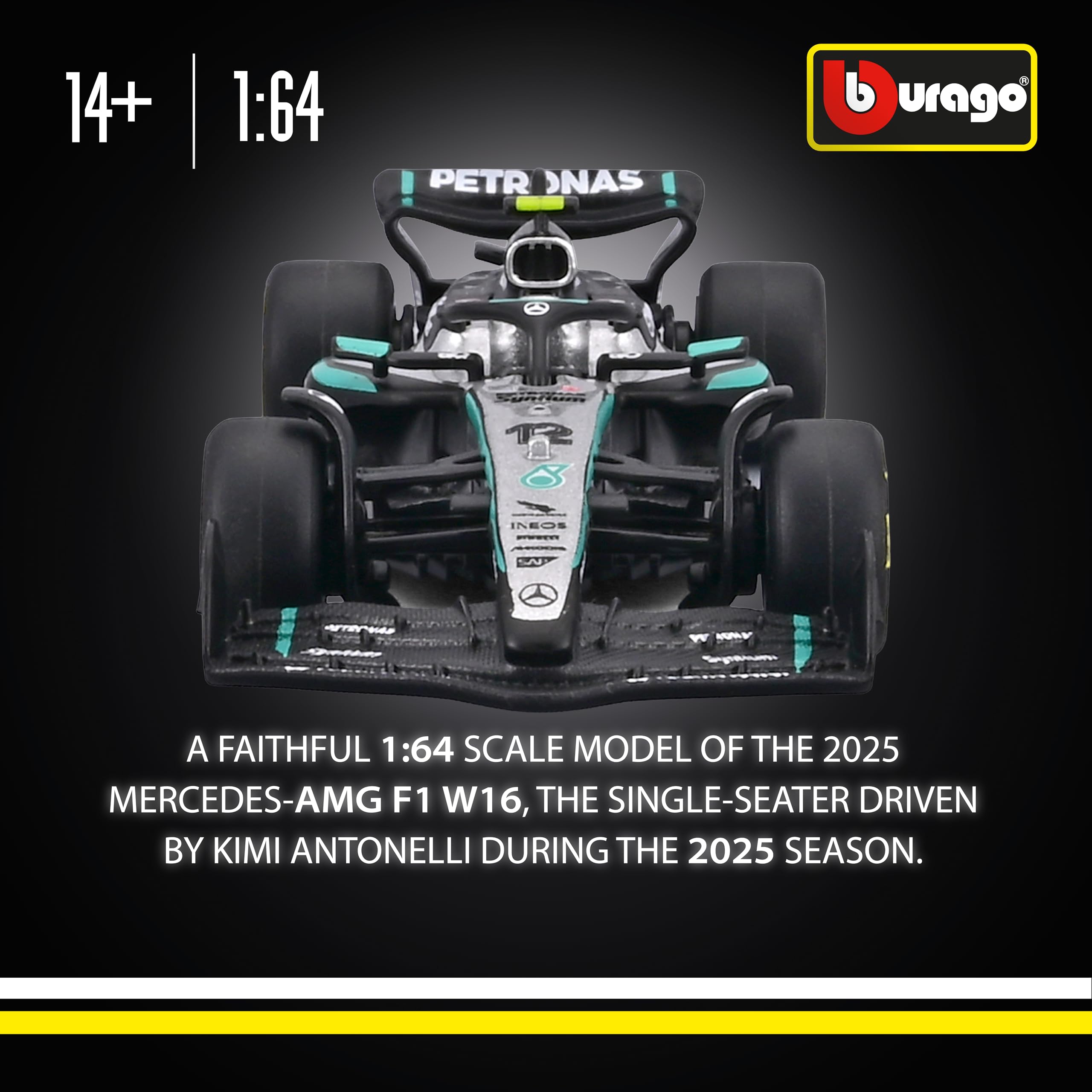 Bburago F1 Mercedes-AMG F1 W16 2025 #12 Antonelli Diecast Car | 1:64 Scale Metal Model