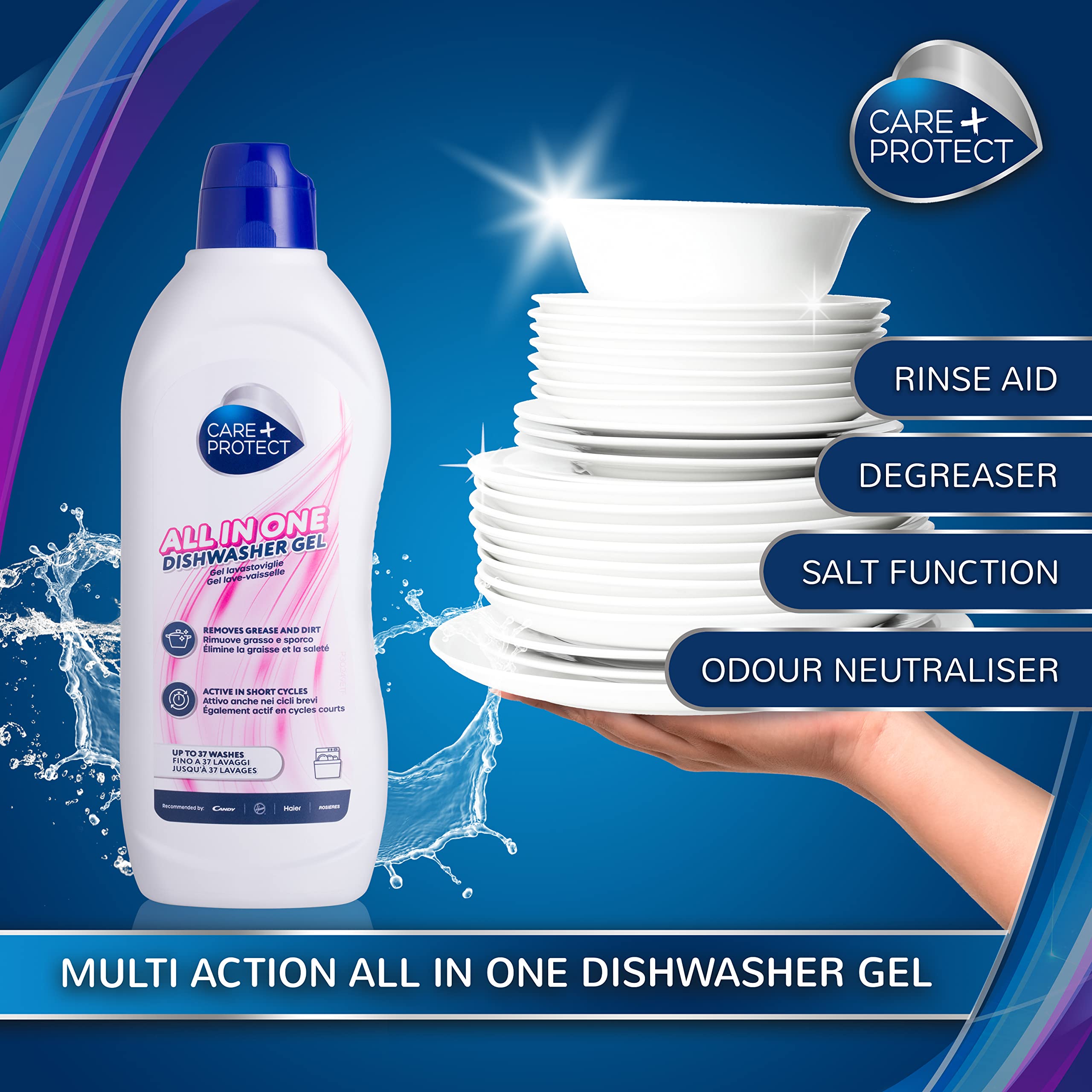 CARE + PROTECT Dishwasher Gel All in One - 750ml | Up to 37 Washes | Degreaser & Rinse Aid