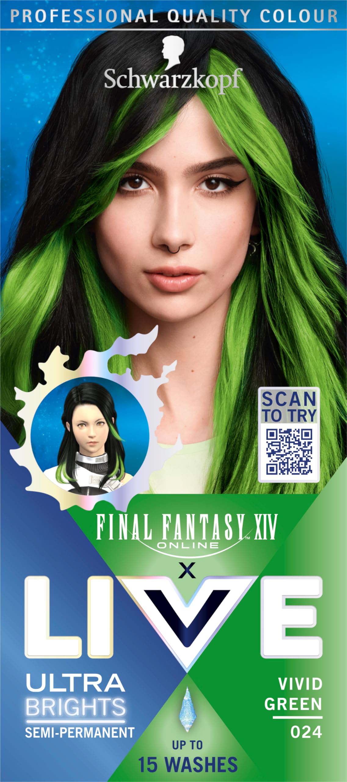 Schwarzkopf LIVE Ultra Brights or Pastels Vivid Green 024 - Semi-Permanent Hair Dye with Conditioner (50ml)