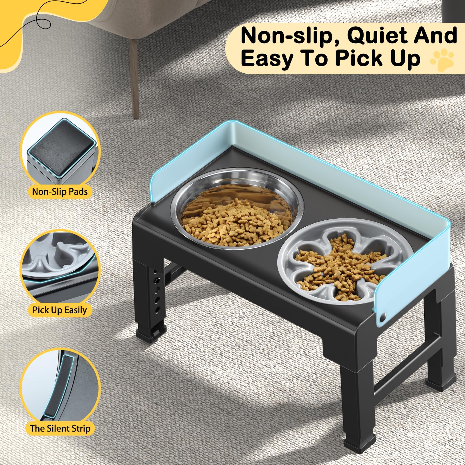 Euqvunn Elevated Dog Bowls with Stand - 6-Level Height Adjustable | 5° Tilt | Includes Slow Feeder