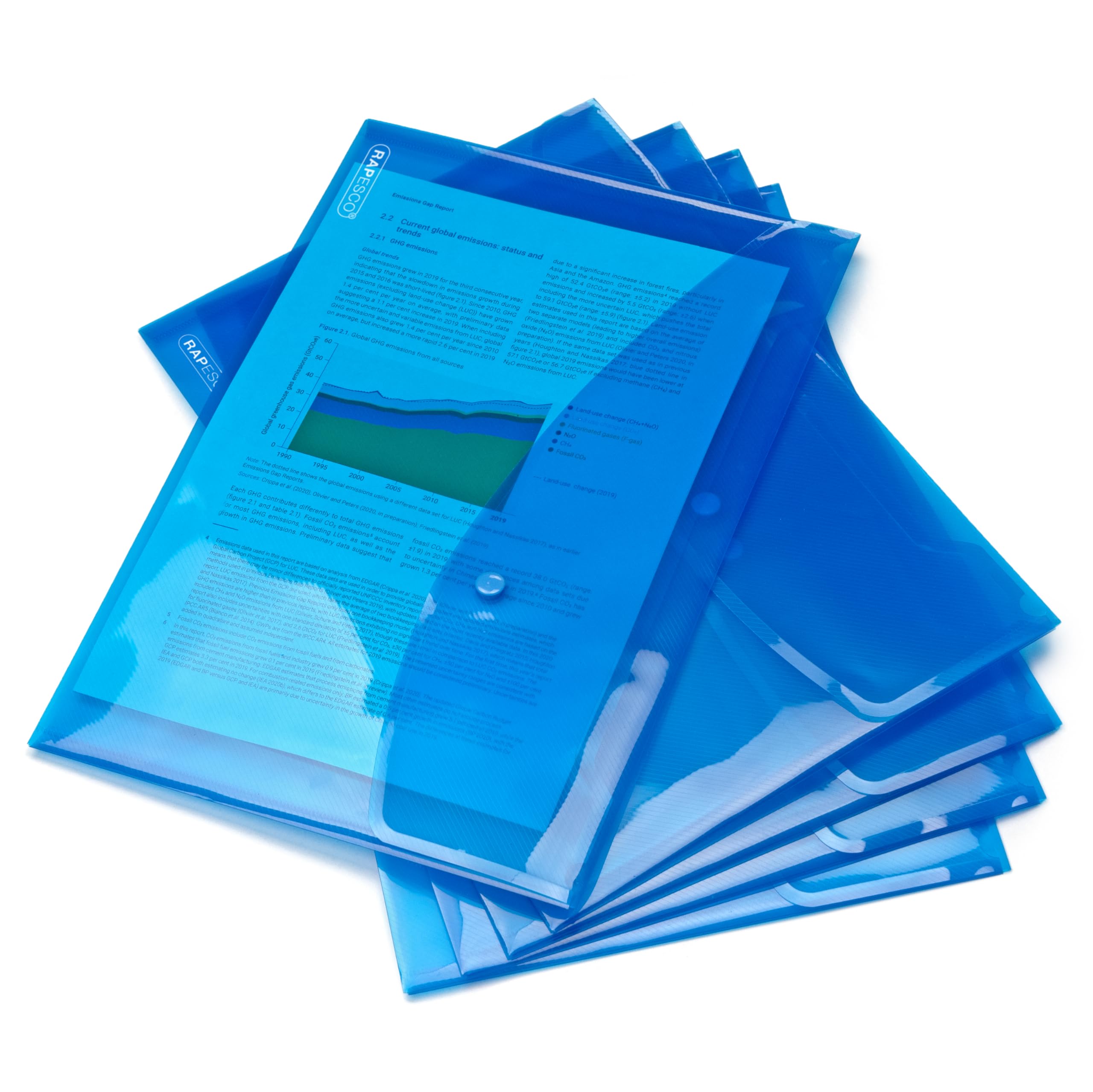 Rapesco 0687 ECO Recycled Popper Wallets - A4+, 150 Sheet Capacity, Bright Transparent Blue, Pack of 5
