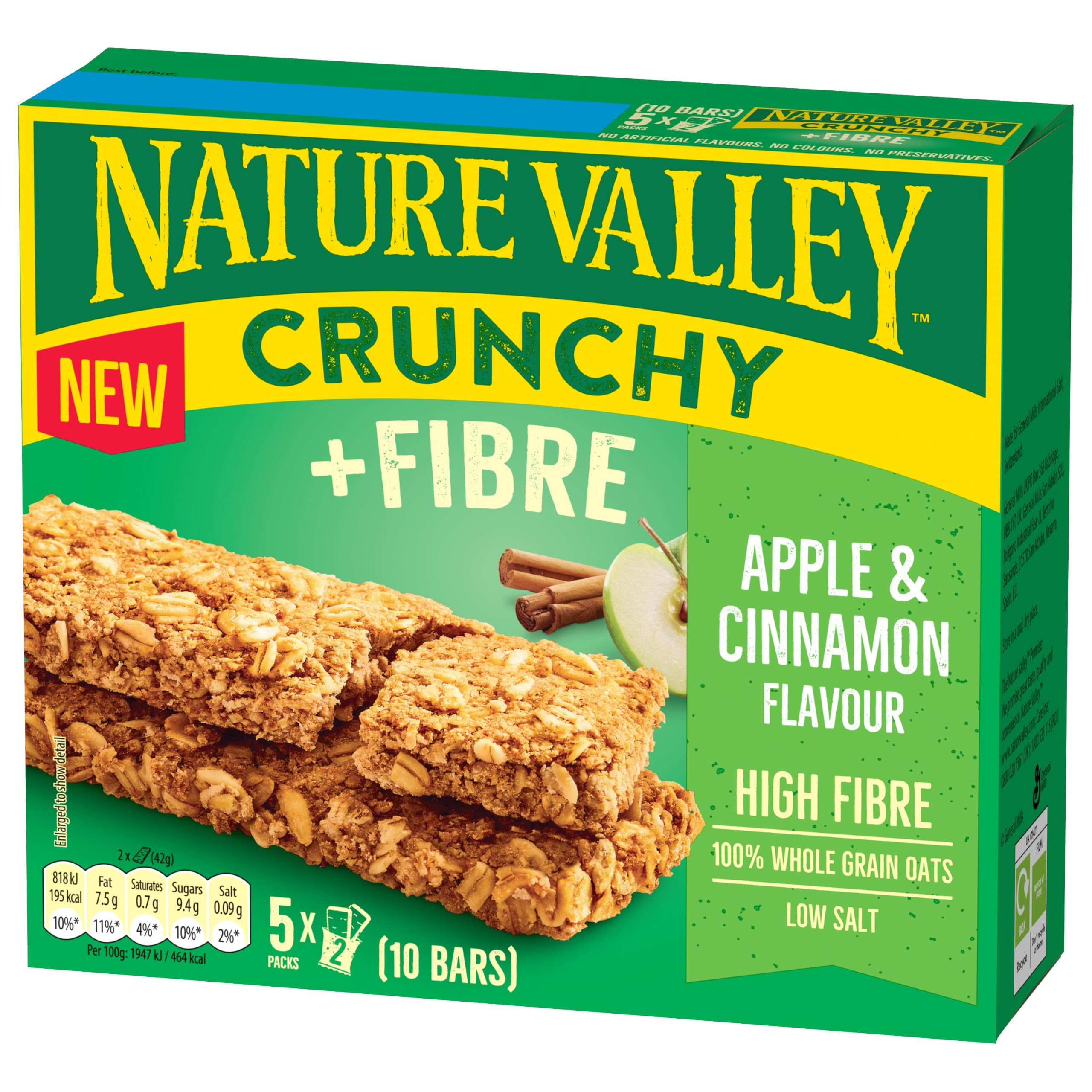 Nature Valley Crunchy Apple Cinnamon Whole Grain Oat Bars - High Fibre | 5 x 42g Bars