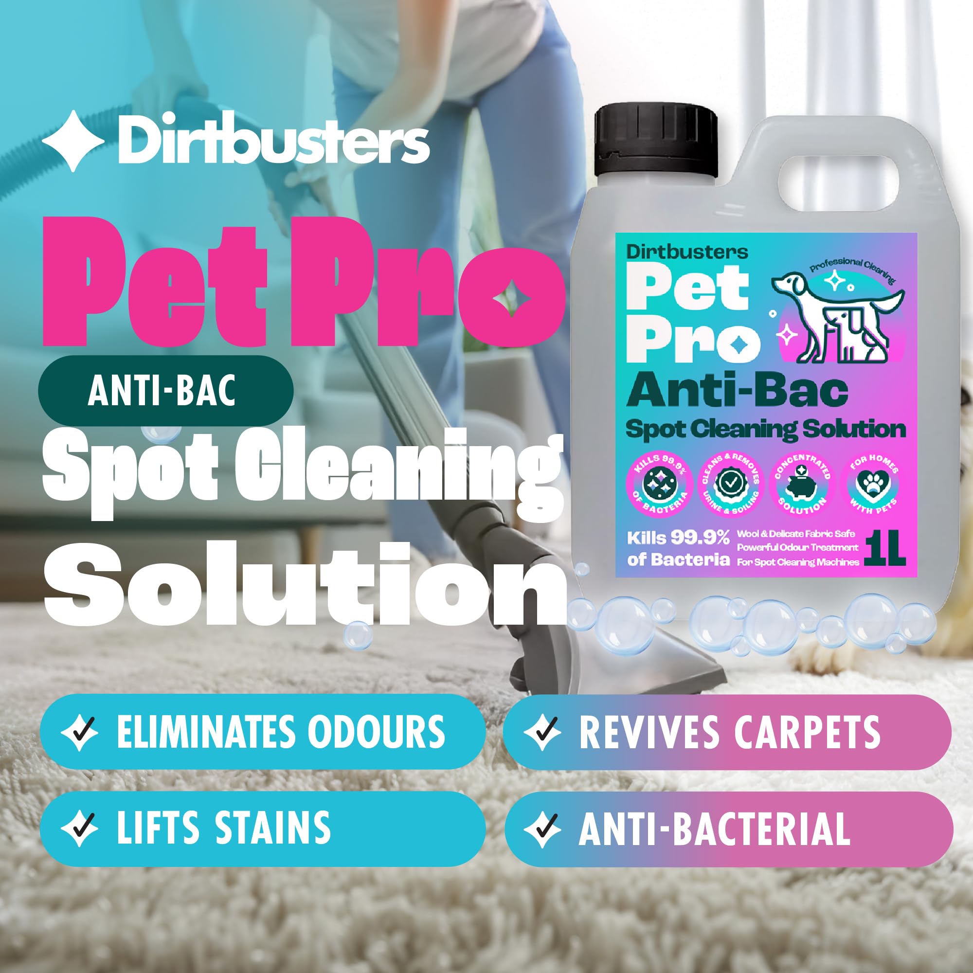 Dirtbusters Anti-Bac Spot Cleaning Solution - Kills 99.99% Bacteria | 1L Liquid Concentrate