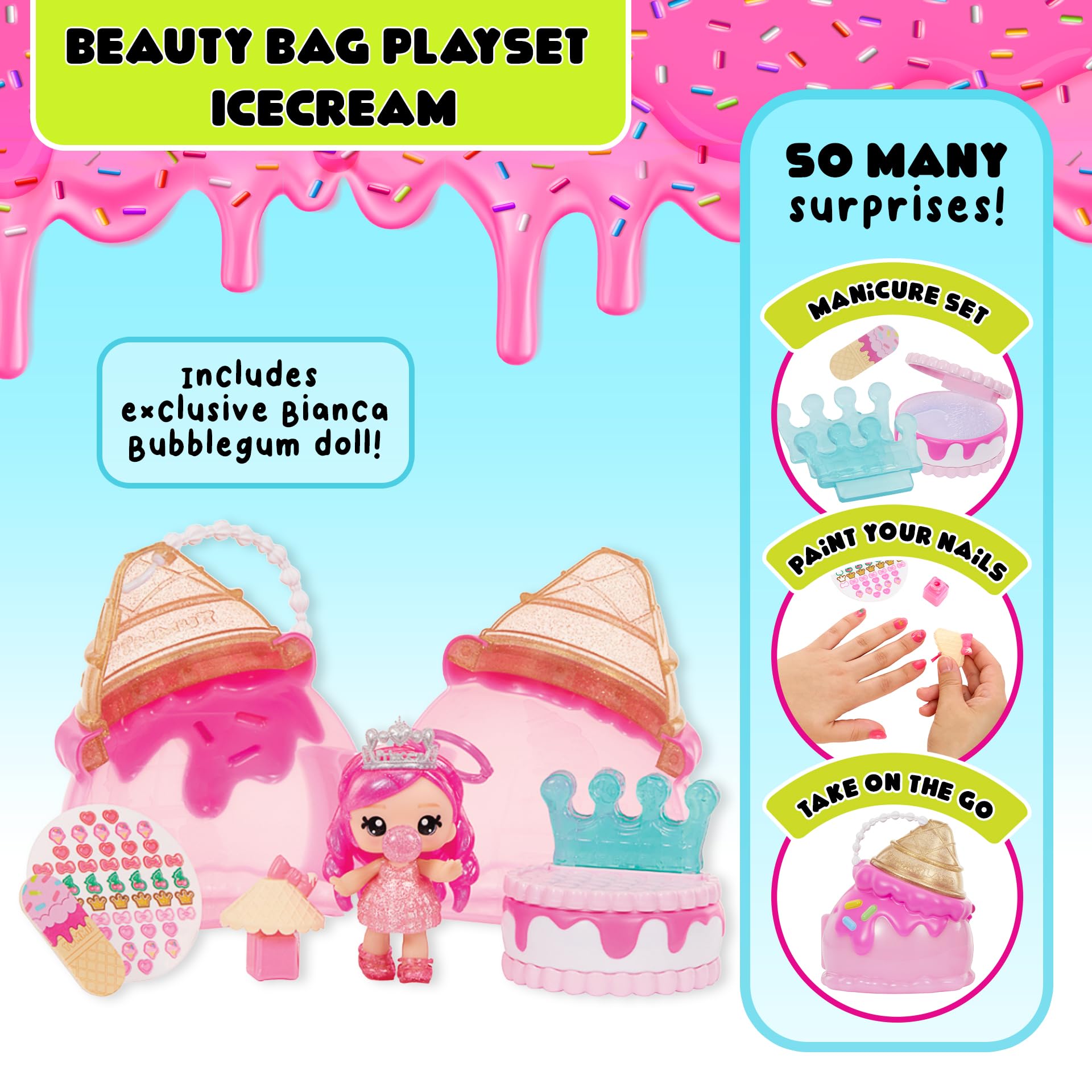 Yummiland Beauty Bag Playset - Ice Cream Cone with Bianca Bubblegum Lip Gloss Doll & Real Nail Care Accessories 7
