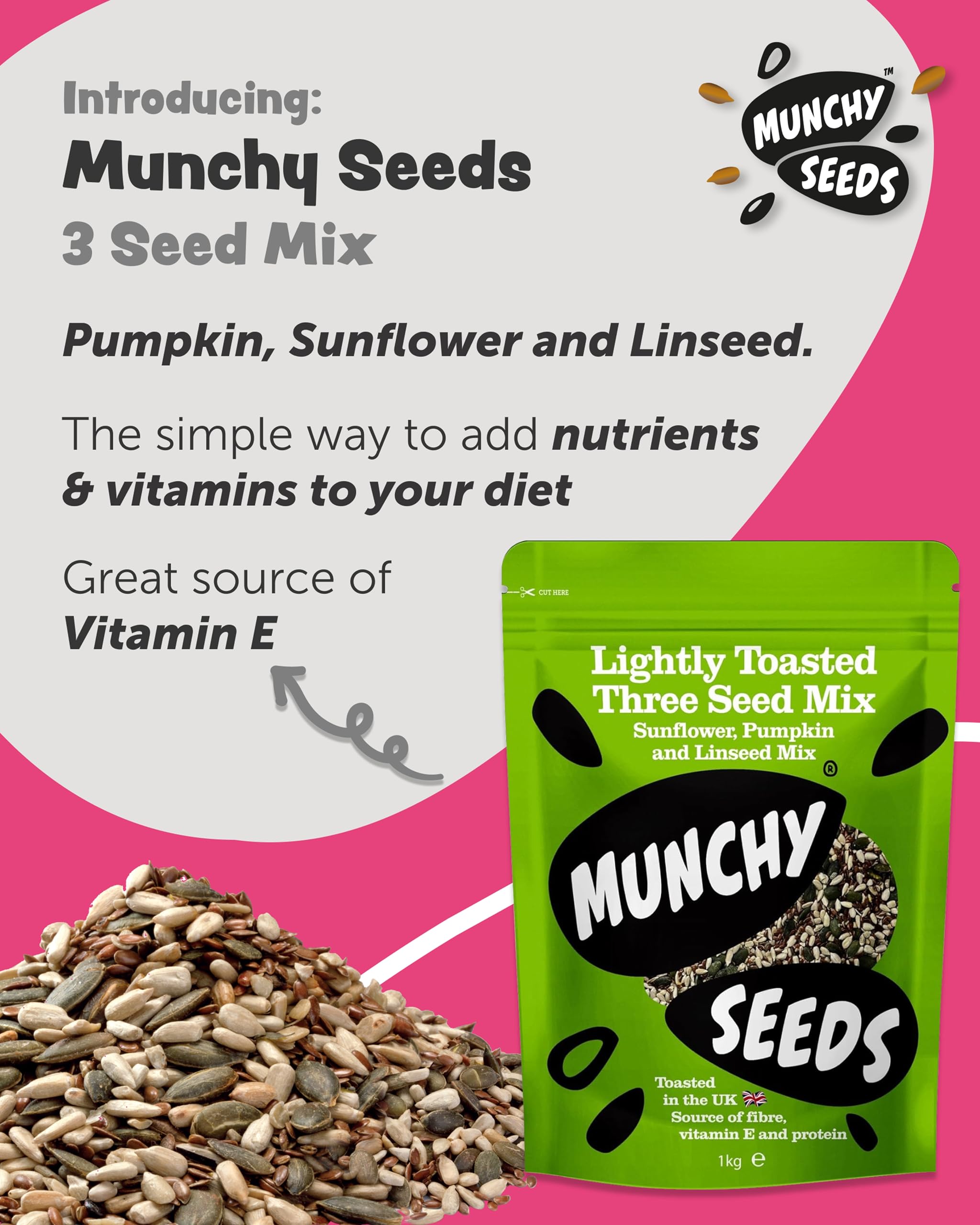 Munchy Seeds Lightly Toasted Three Seed Mix - Pumpkin, Sunflower & Linseed | 1kg Roasted Vegan Mix