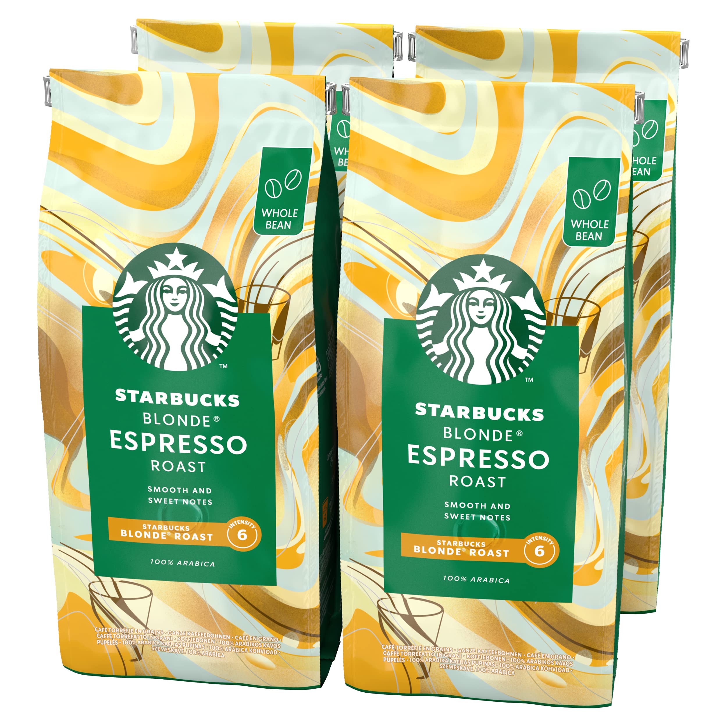 STARBUCKS Blonde Espresso Roast Whole Bean Coffee - Light Roast, Smooth & Sweet Notes | 4 x 450g Pack
