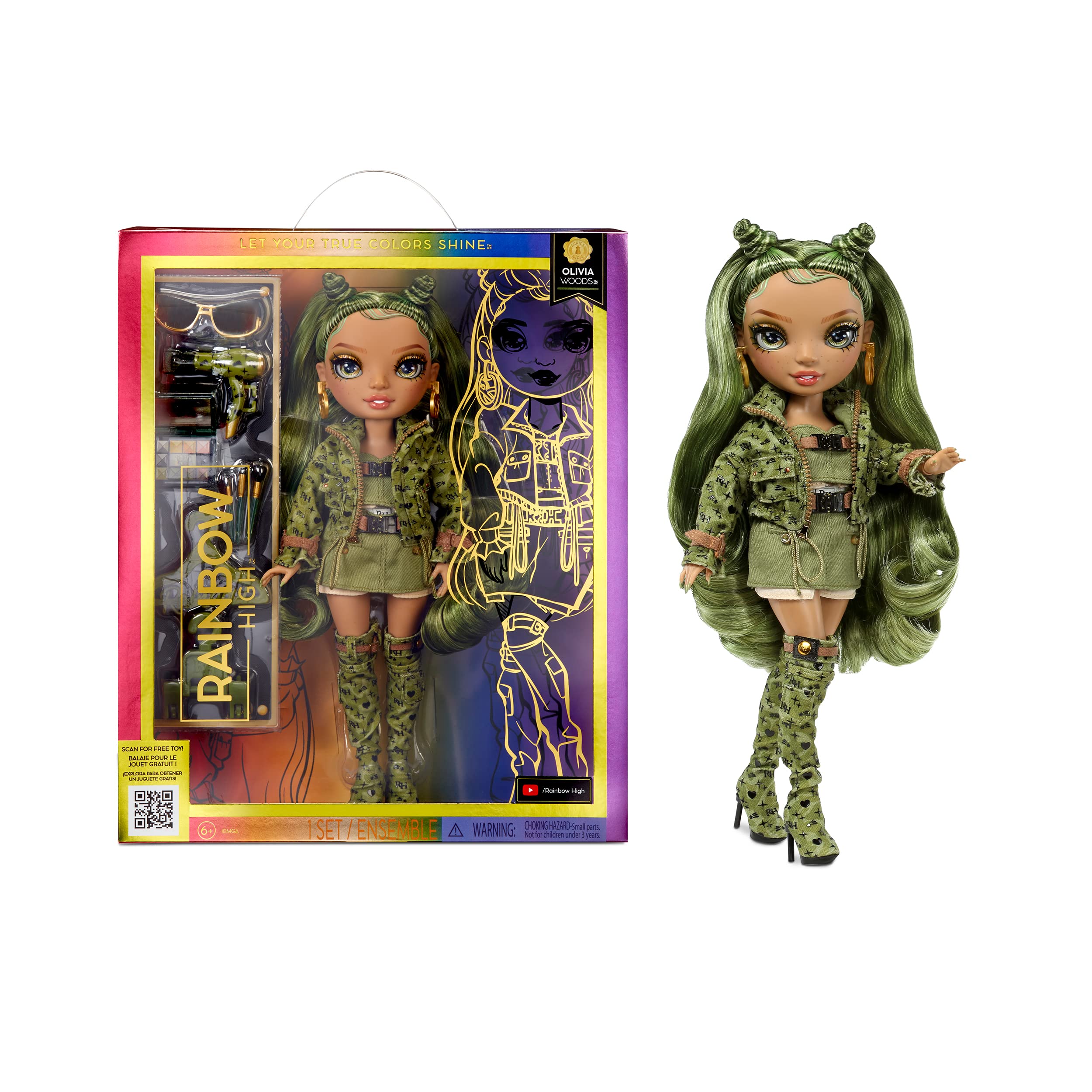 Rainbow High Olivia Woods Camo Green Fashion Doll – bewegliches Modell mit Zubehör