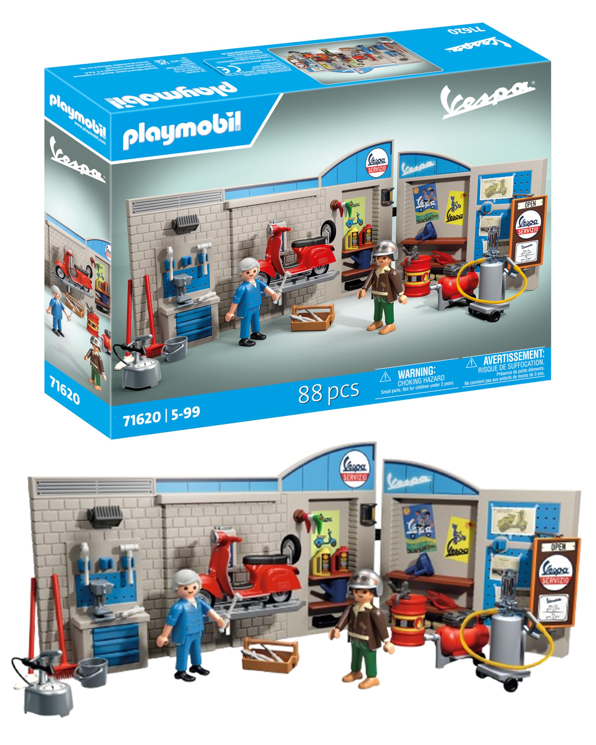 Playmobil 71620 Cars: 60s Vespa Garage Playset with Movable Lifting Platform