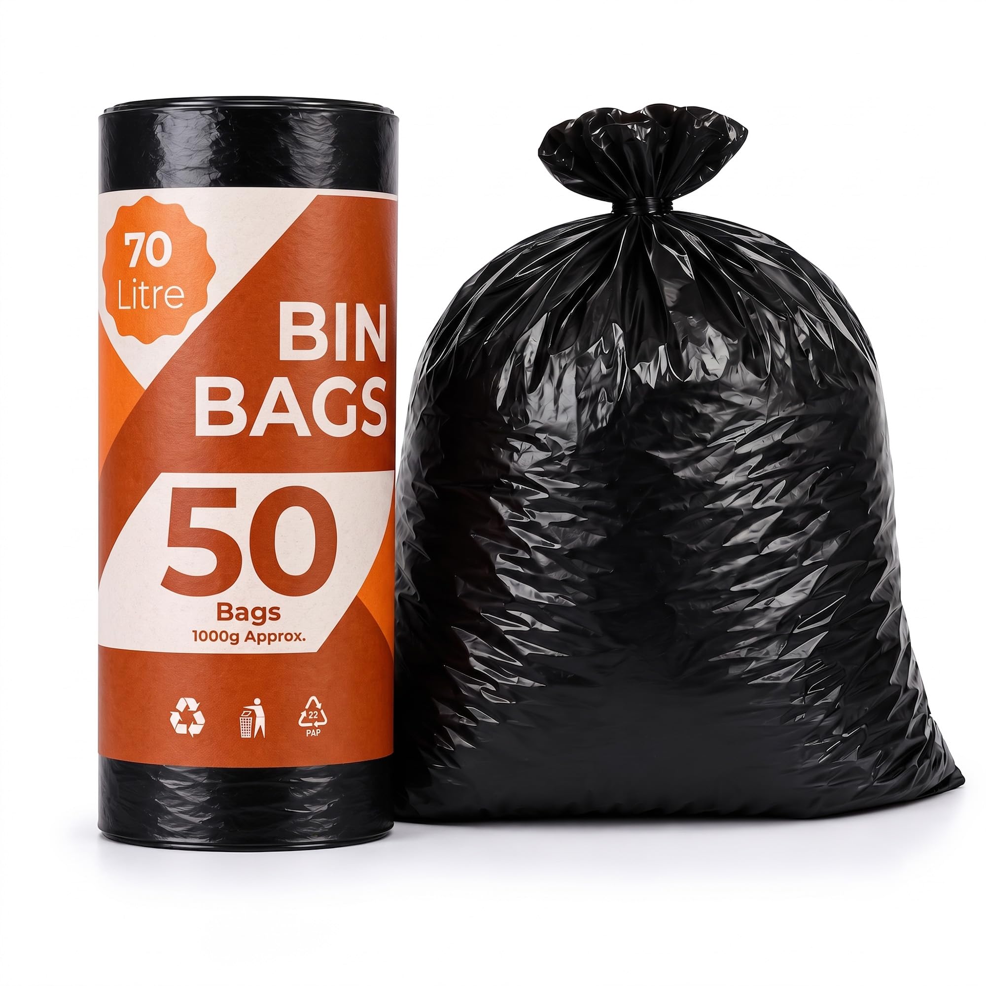 EasyBin 70L Bin Bags - 50 Count Black Refuse Sacks | Easy Tear Roll | Durable Plastic
