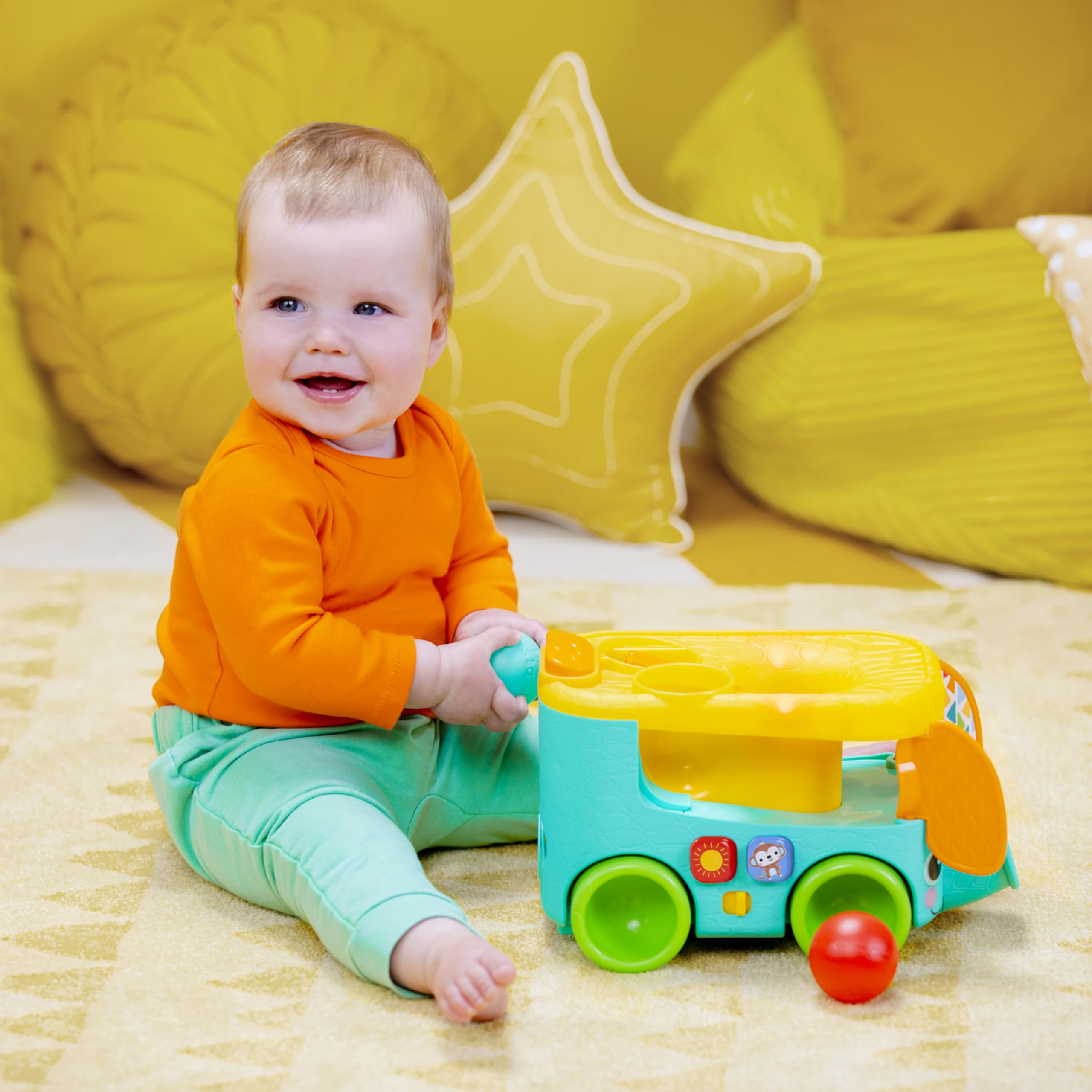 Bright Starts Pop & Roll Safari Bus Ball Play Toy - Musical Light-Up Elephant Popper for Babies 6M+ 8