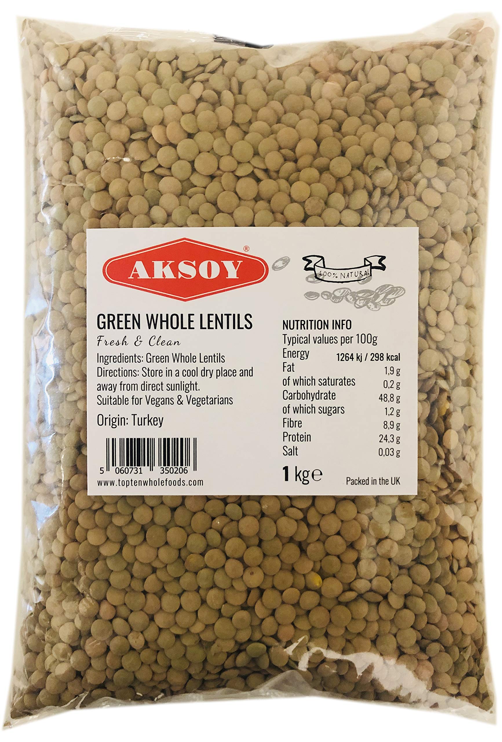 AKSOY Green Whole Lentils - 1kg Bag | Rich in Iron & Folate | Suitable for Vegetarians & Vegans
