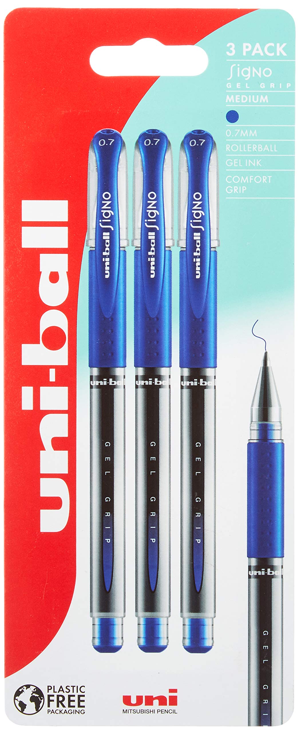 uni-ball UM-151S Gel Grip Rollerball Pen - Medium 0.7mm Tip | Blue Ink | Pack of 3 1