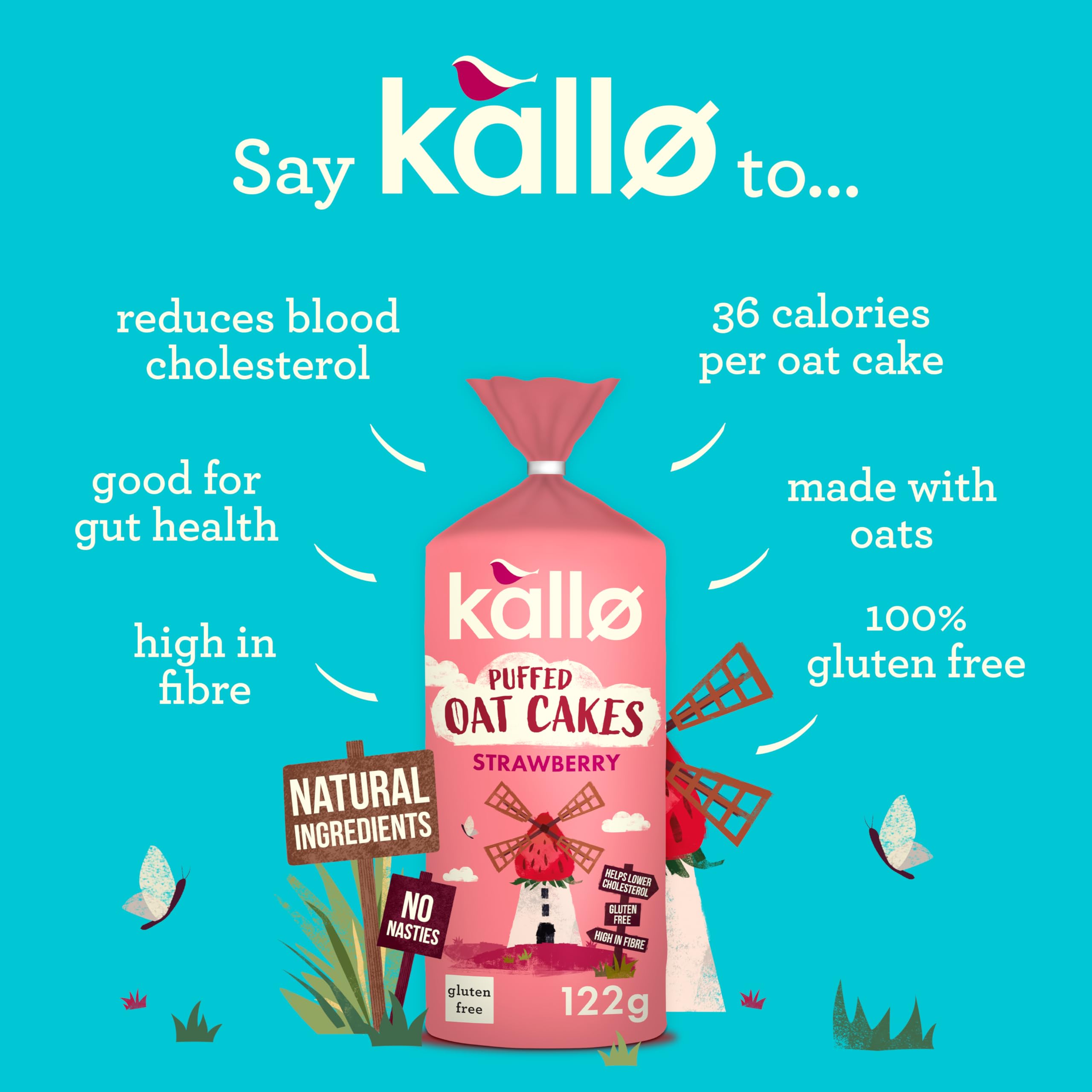 Kallo Strawberry Puffed Oat Cakes - Gluten-Free, High Fibre, Cholesterol Lowering | 122g Pack