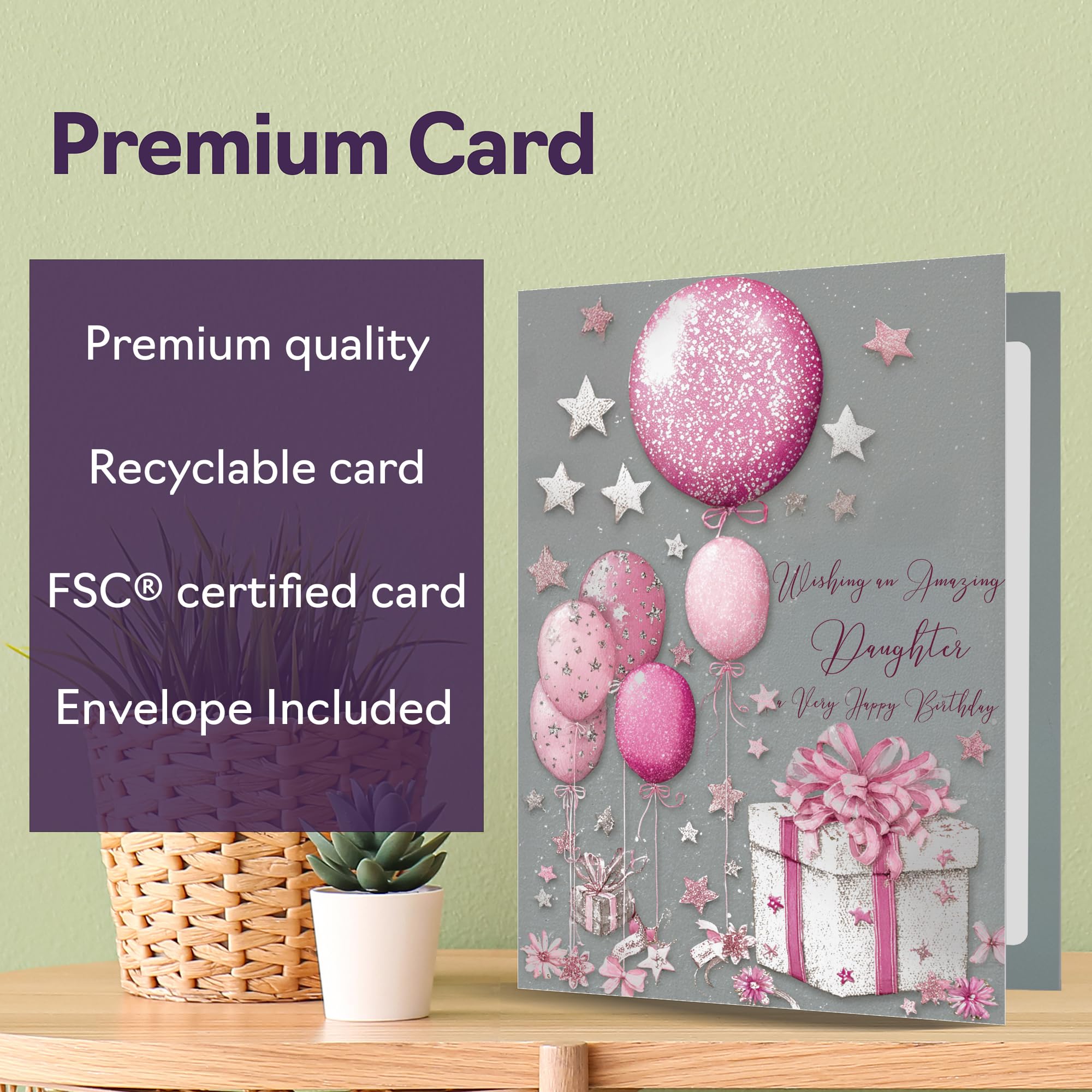 Giftzie Silver Daughter Birthday Card | 5x7 Inch | Silver and Pink Presents Design | From Dad Mum 6