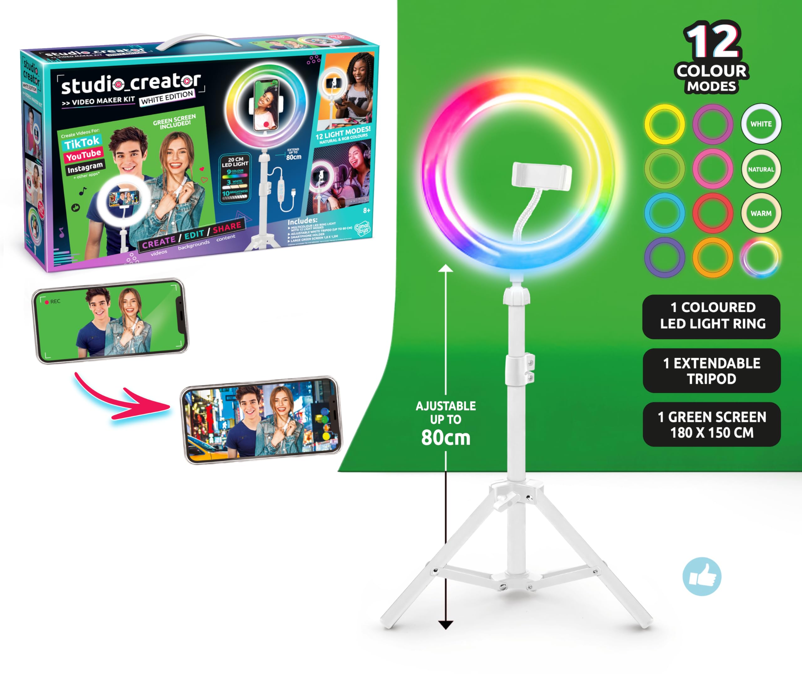 Studio Creator Video Maker Kit – White Edition | LED Ring Light, Green Screen, Tripod & Phone Holder