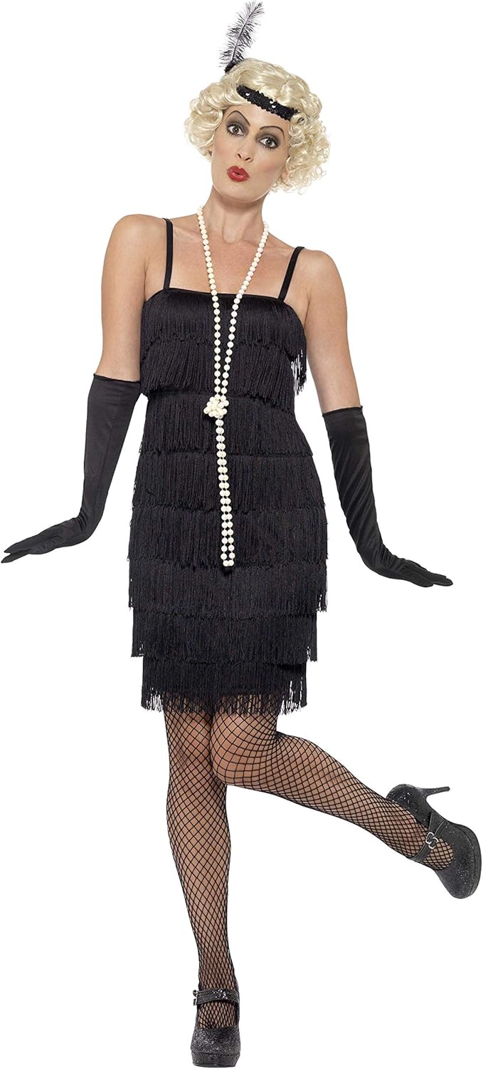 Smiffys 1920s Flapper Girl Costume - Short Dress, Headband & Gloves, Black, UK Size 08-10