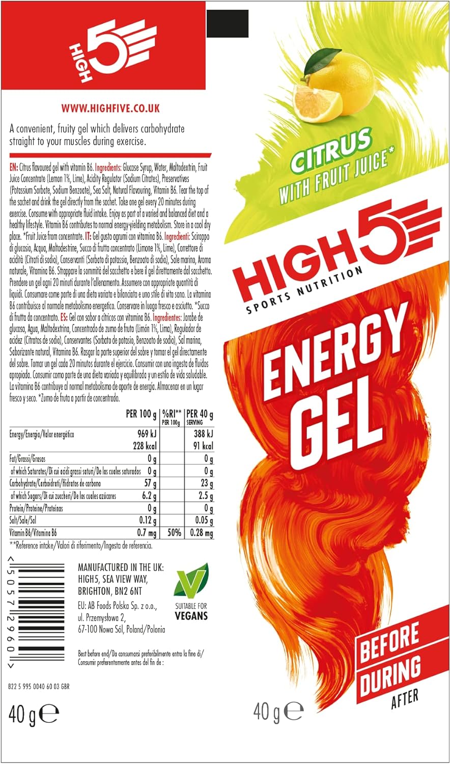 HIGH5 Energy Gel Citrus - Natural Fruit Juice Energy Gel for Endurance Sports (20 x 38g)