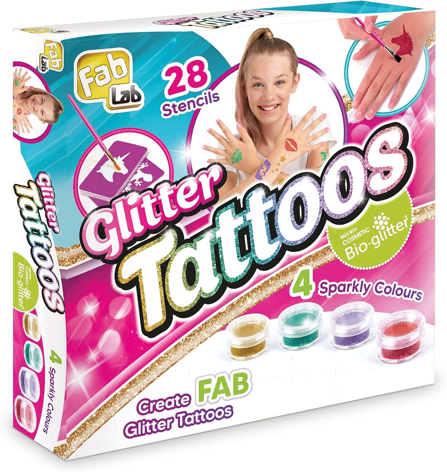 FabLab Glitter Tattoos Kit with Bioglitter – 28 Designs & 4 Sparkly Colors 1