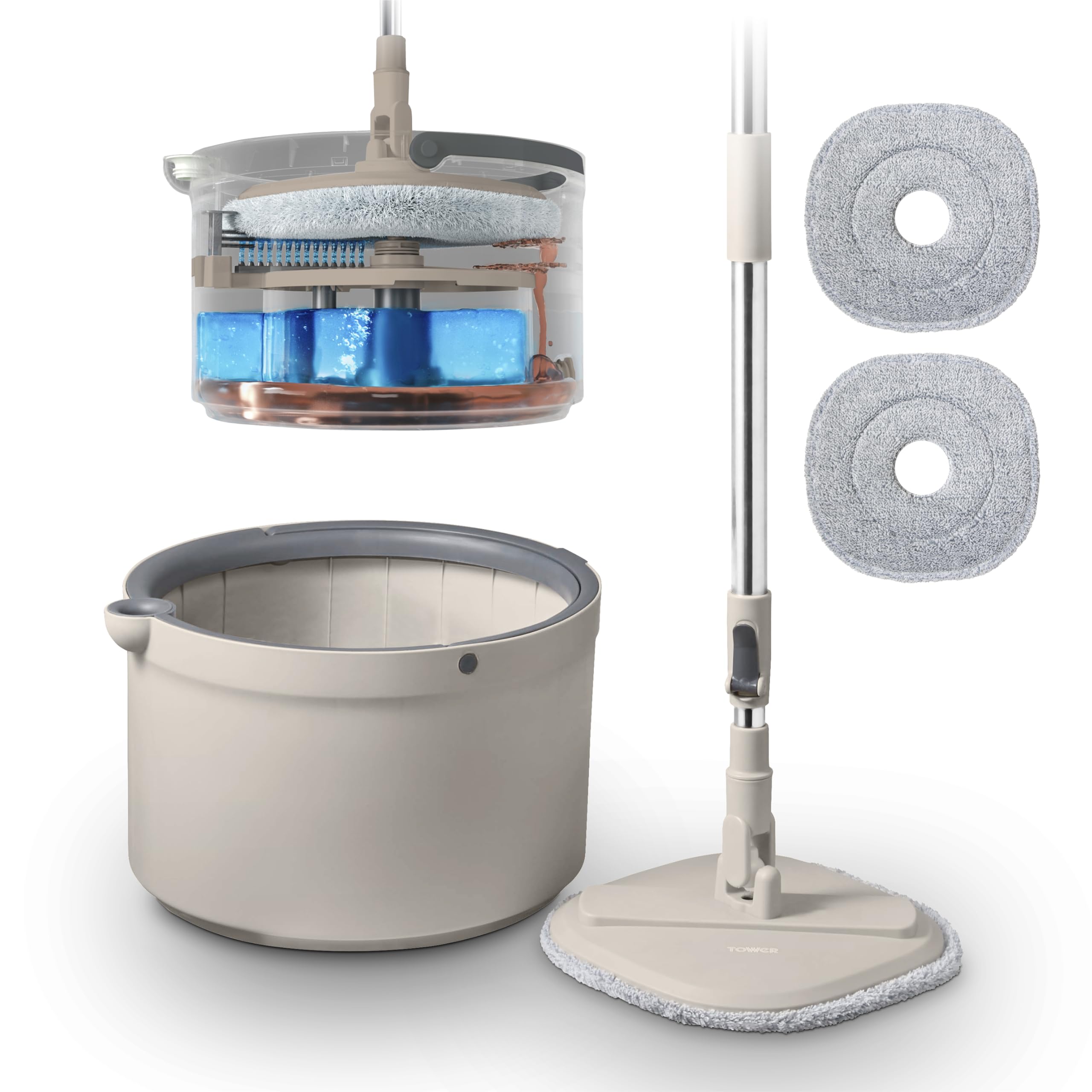 Tower Duo Compact Spin Mop & Bucket - Clean/Dirty Water Separation | 2 Microfibre Pads | Latte & Grey