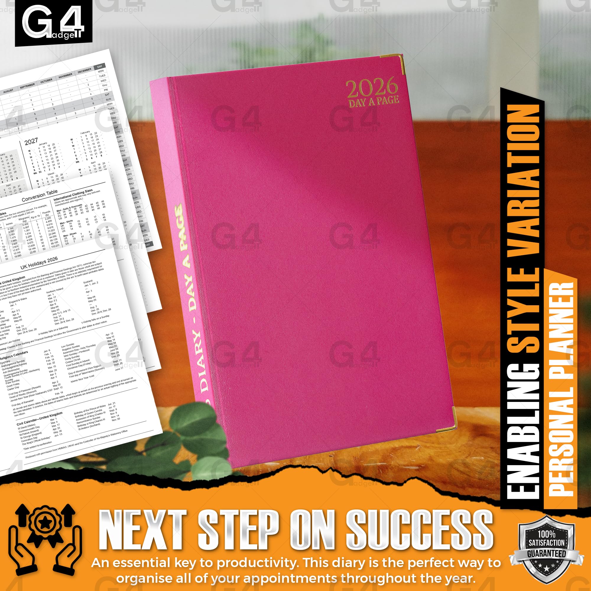 G4GADGET 2026 A4 Day a Page Pink Diary with Gilt Edges | Hardback Planner 5