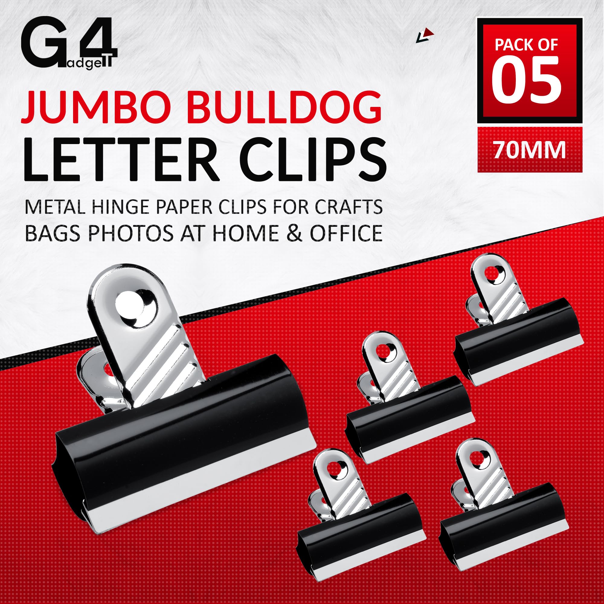 G4GADGET Jumbo Black Bulldog Clips - 70mm Heavy-Duty Metal Binder Clips | Pack of 5 | Rust-Resistant 2