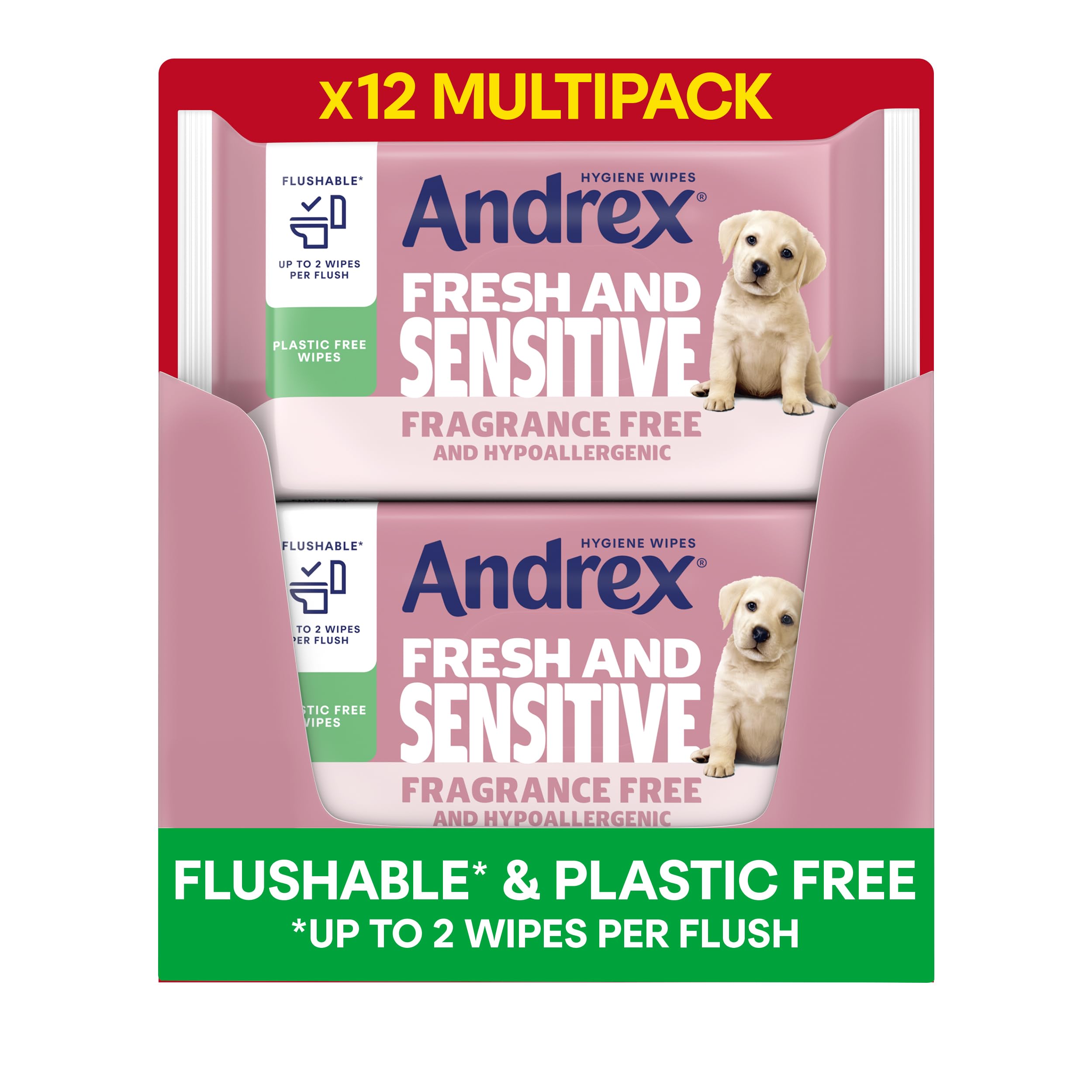 Andrex Fresh & Sensitive Hygiene Wipes - Hypoallergenic & Flushable | 12 Packs of 30 Sheets