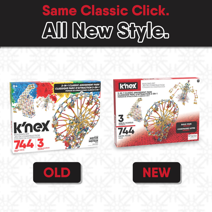 K'NEX 17035 Thrill Rides 3-in-1-Bauset für klassische Vergnügungsparks, 744-teiliges Kinderbauset für kreatives Spielen, stundenlanger Spaß beim Bauen von drei Fahrgeschäften auf dem Messegelände, geeignet für Jungen und Mädchen ab 9 Jahren