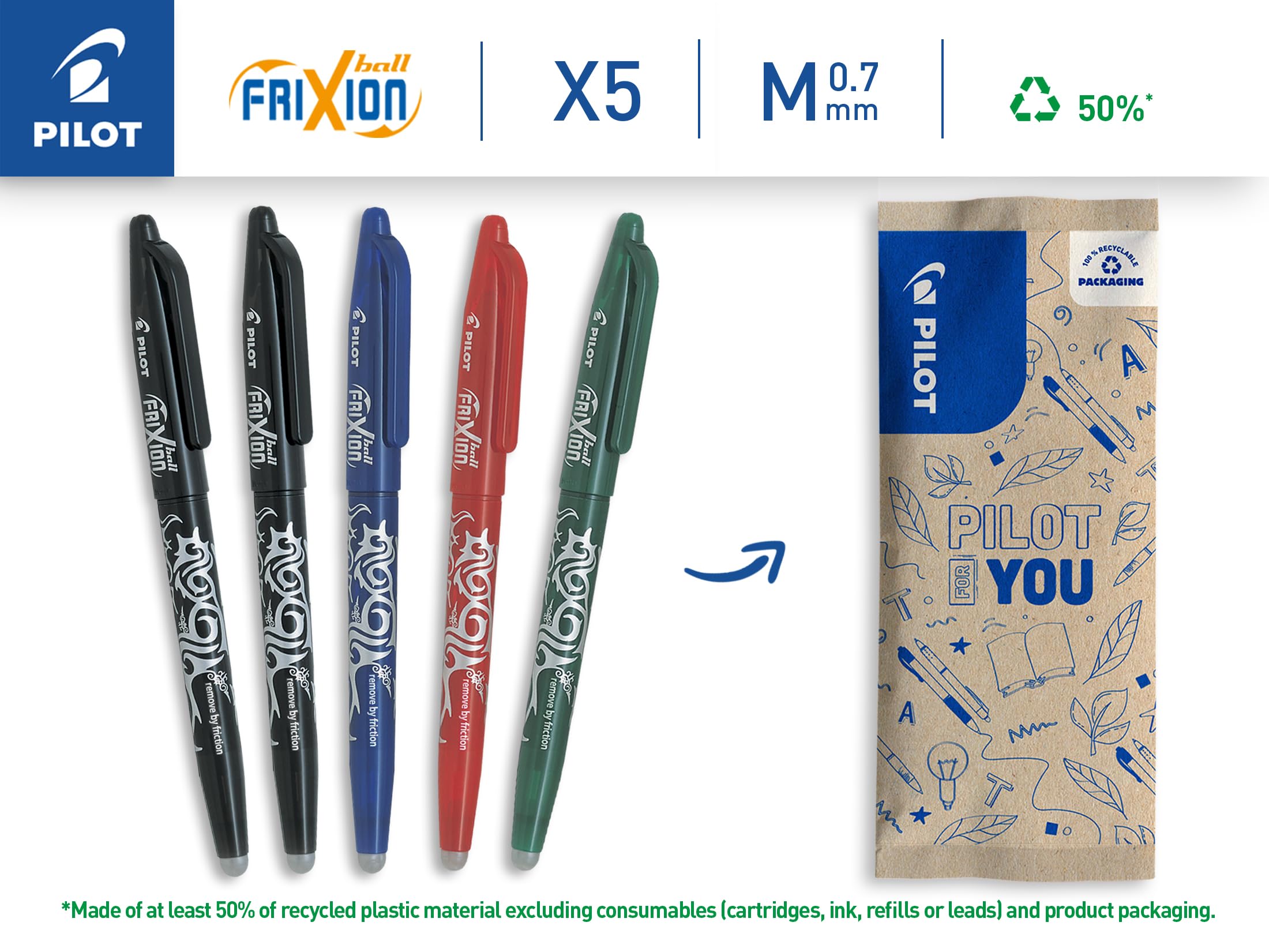 PILOT Frixion Erasable Rollerball Pen - 0.7mm Tip, Pack of 5 (2 Black, 1 Blue, 1 Red, 1 Green) 2