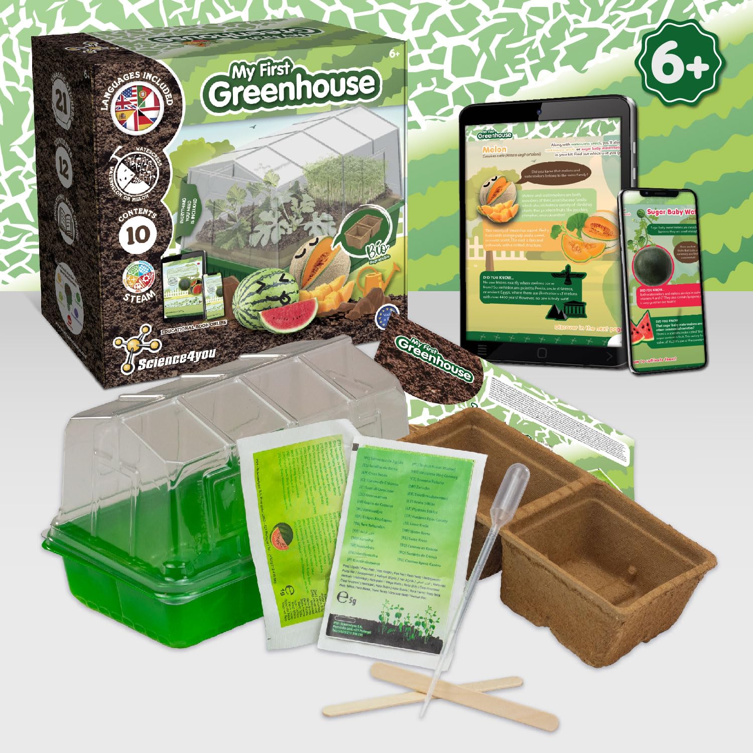 Science4you Small Greenhouse for Kids - Grow Kit with Watermelon, Melon & Watercress Seeds for Children 6+ 7