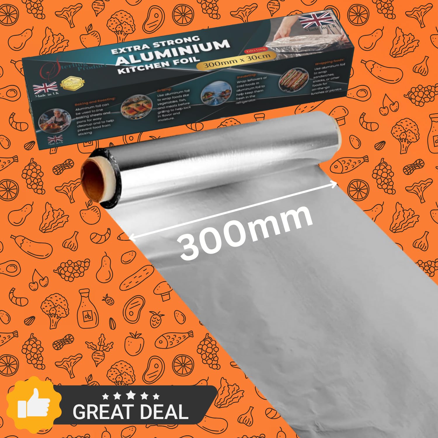 STERLING PRODUCTS Heavy Duty Aluminum Foil Roll - Extra Long 30m x 30cm for Cooking & Storage 4