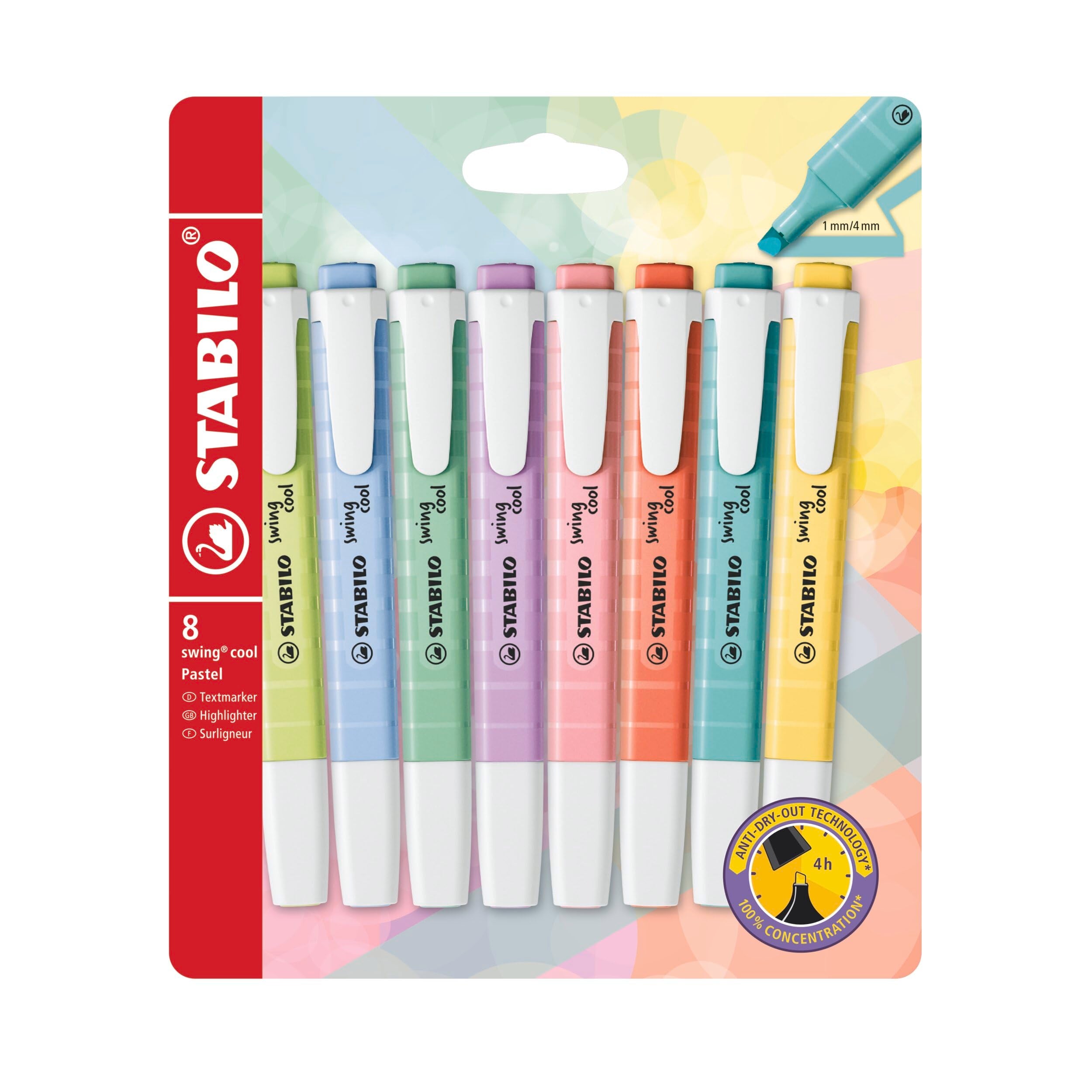 STABILO swing cool Pastel Highlighters - Pack of 8 | 4 Hour Cap-Off Time | 1mm & 4mm Line Widths