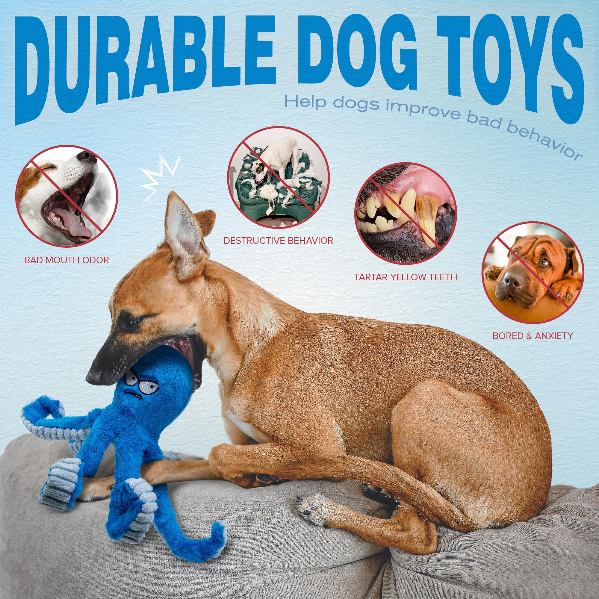 LEGEND SANDY Tough Squeak Dog Toy - Heavy Duty, Waterproof Lining, Blue Octopus 4