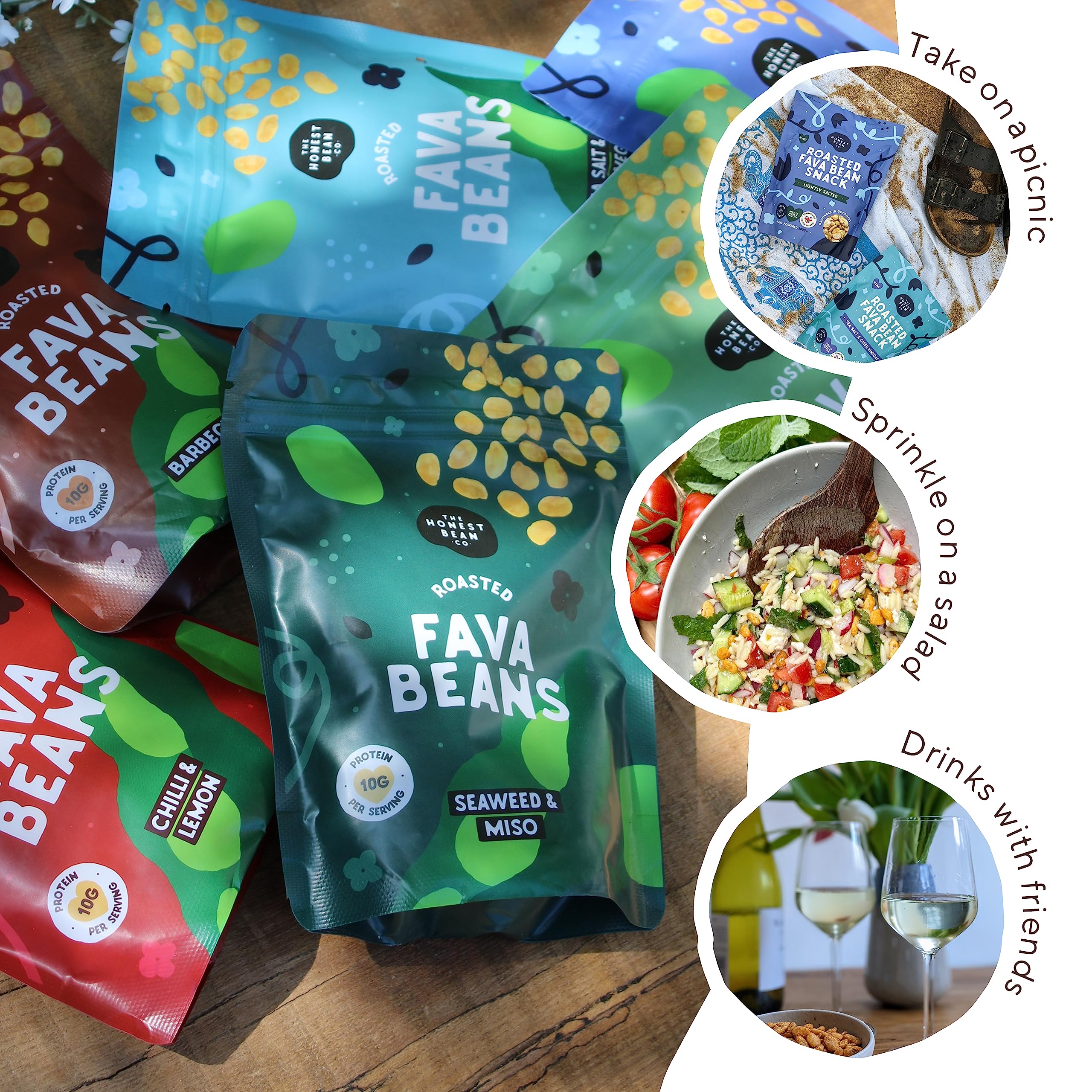 The Honest Bean Co Roasted Fava Bean Variety Pack - Lightly Salted, Sea Salt & Cider Vinegar, BBQ, Chilli Lemon, Seaweed & Miso, Black Garlic & Herb 10