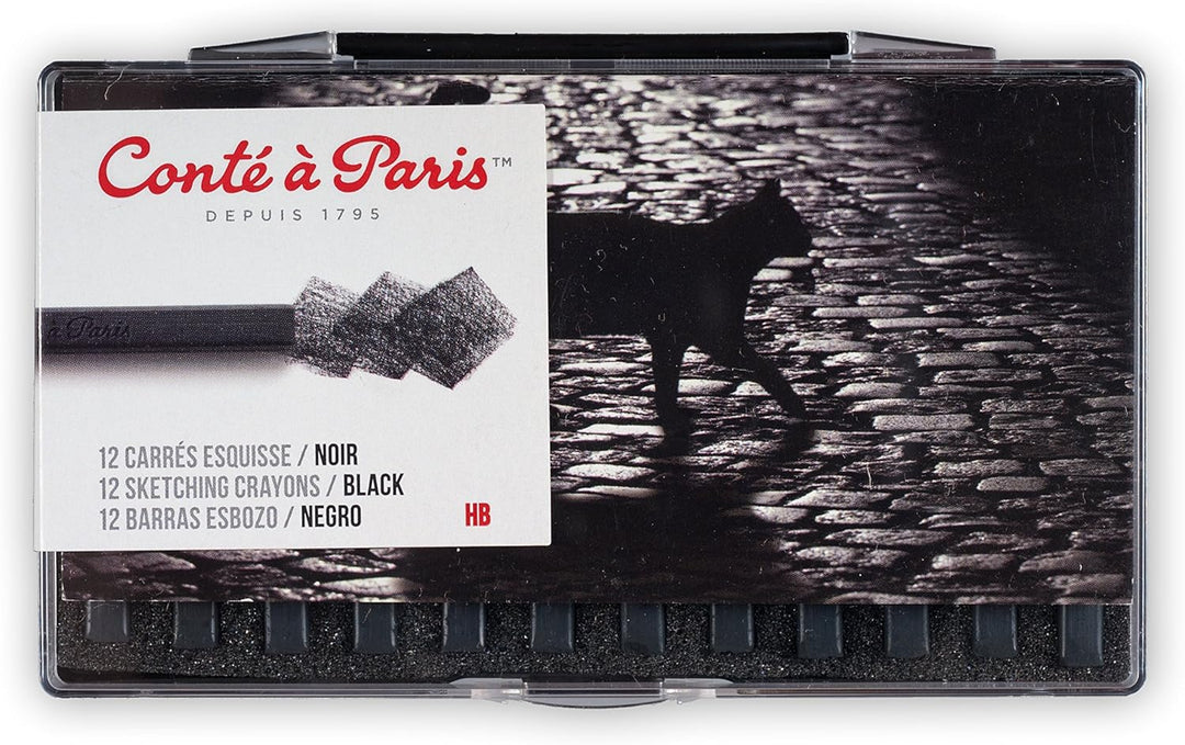 Conte à Paris Sketching Carre Crayons - Black HB (Pack of 12) | Square Pastel Pencils for Artists, High Pigment, Lightfast, Ideal for Detailed Sketching & Drawing