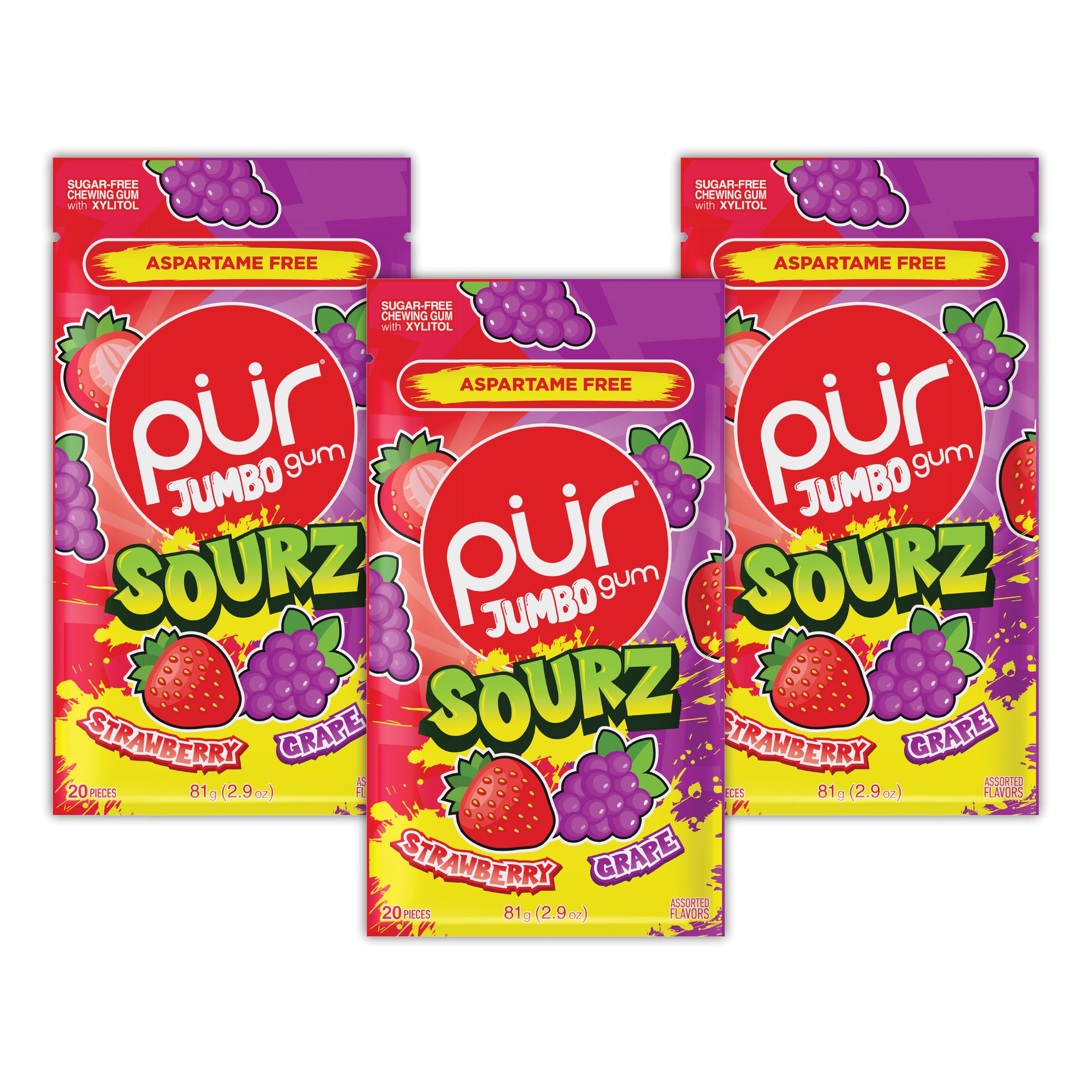 PUR Gum JUMBO SOURZ - Aspartame Free, Xylitol Sweetened Chewing Gum | Strawberry & Grape | 20 Count (Pack of 3)