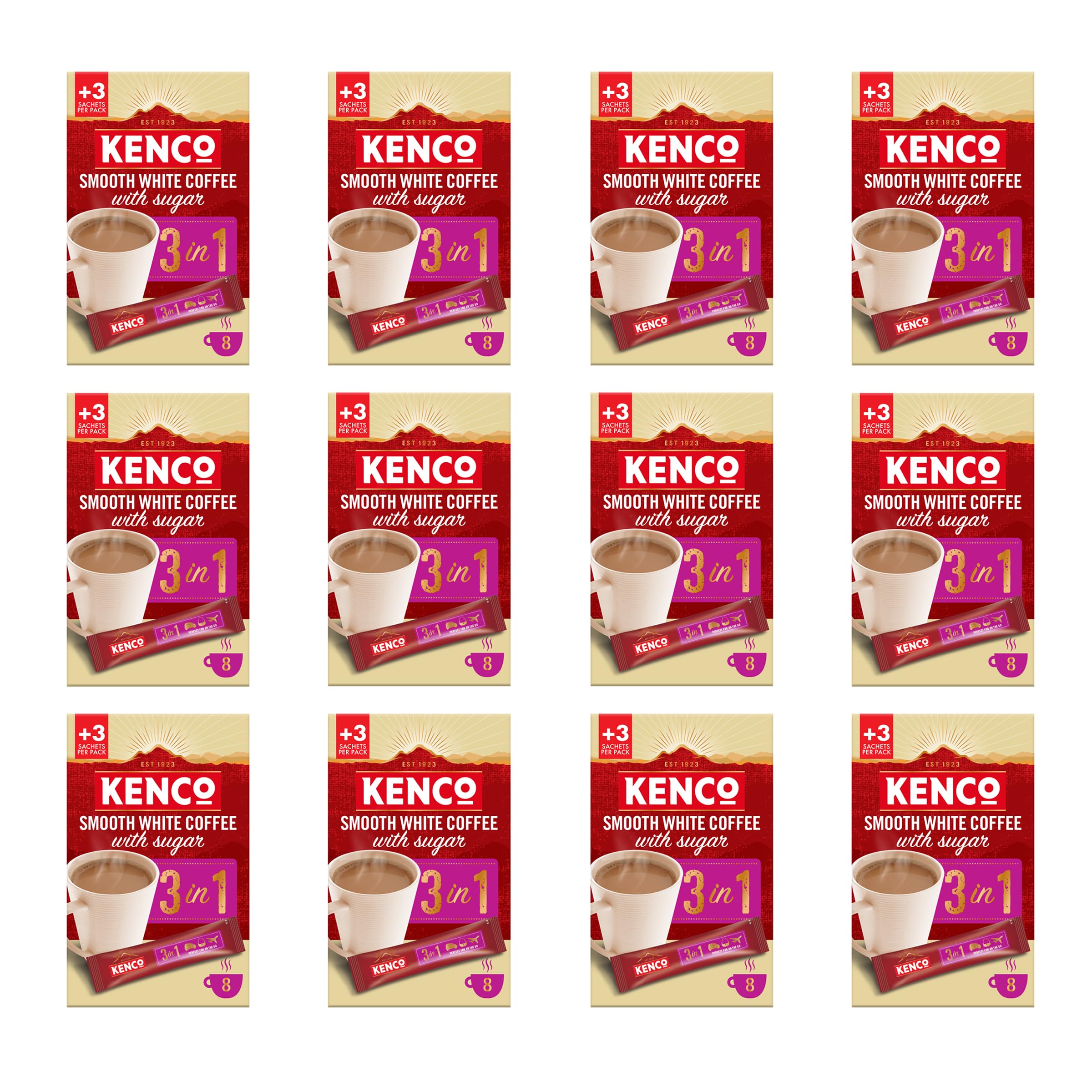 Kenco - 3 in 1 Smooth White Instant Coffee with Sugar Sachets (Pack of 12 x 8)