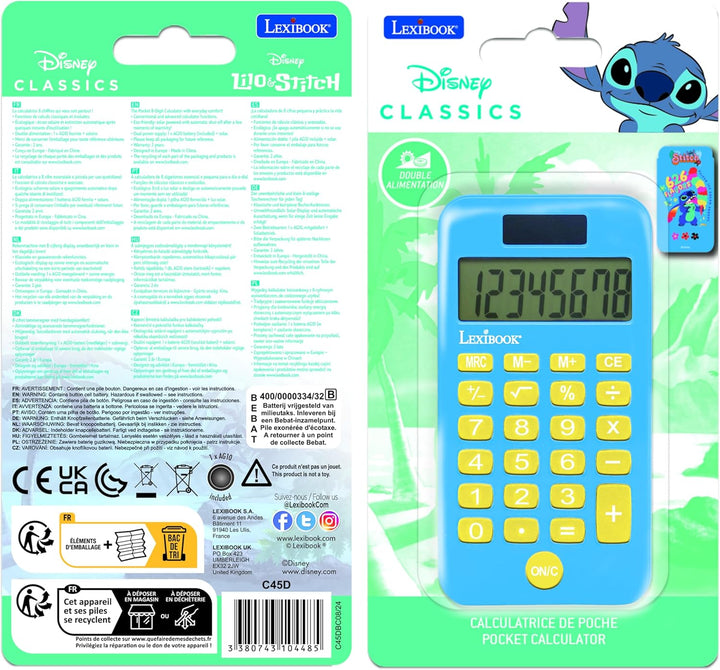 Lexibook, Disney Stitch, Pocket Calculator with Protection Cover, Conventional a