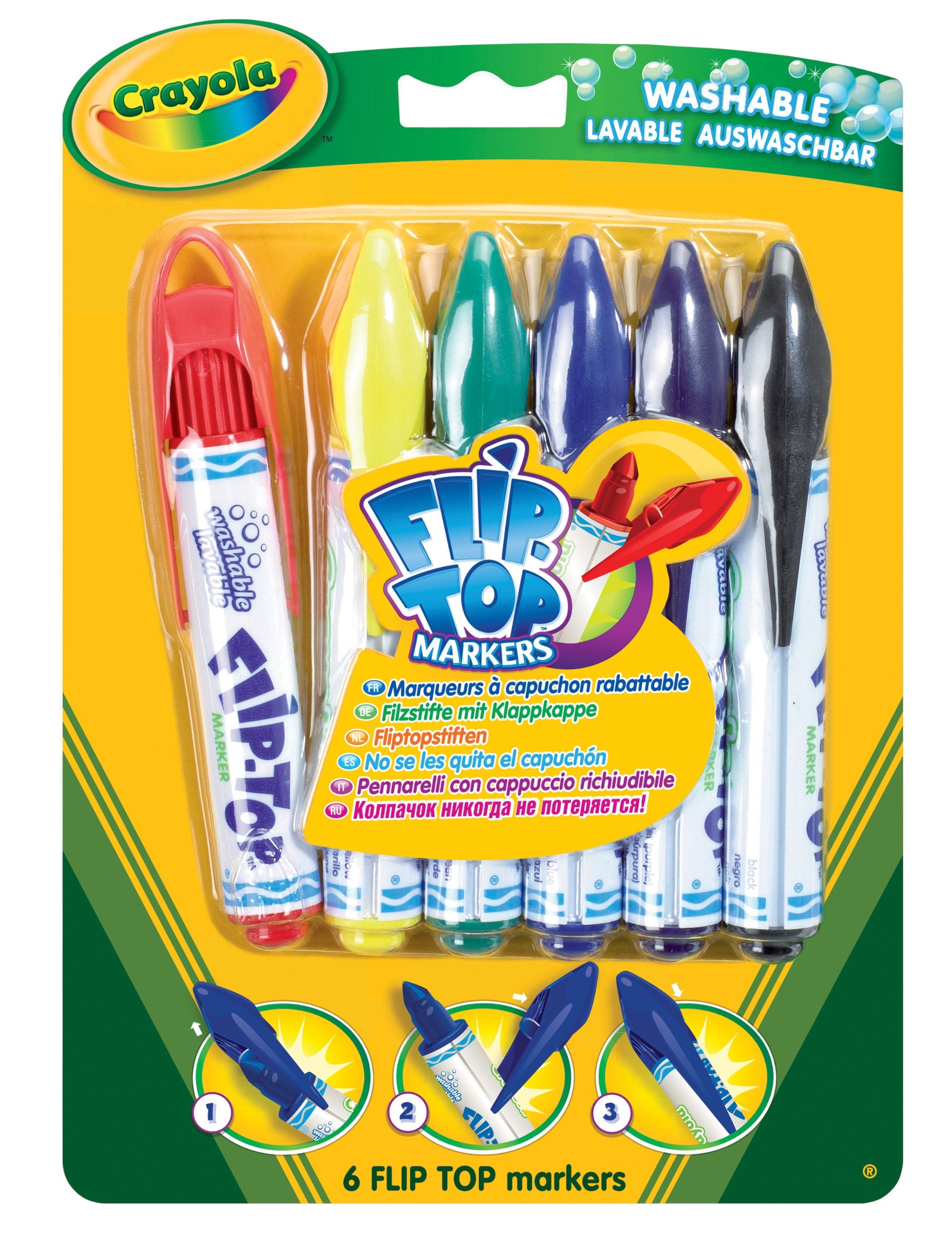 CRAYOLA Flip Top Washable Markers - 6-Pack with Non-Lost Lids | Ideal for Kids 3+ 1