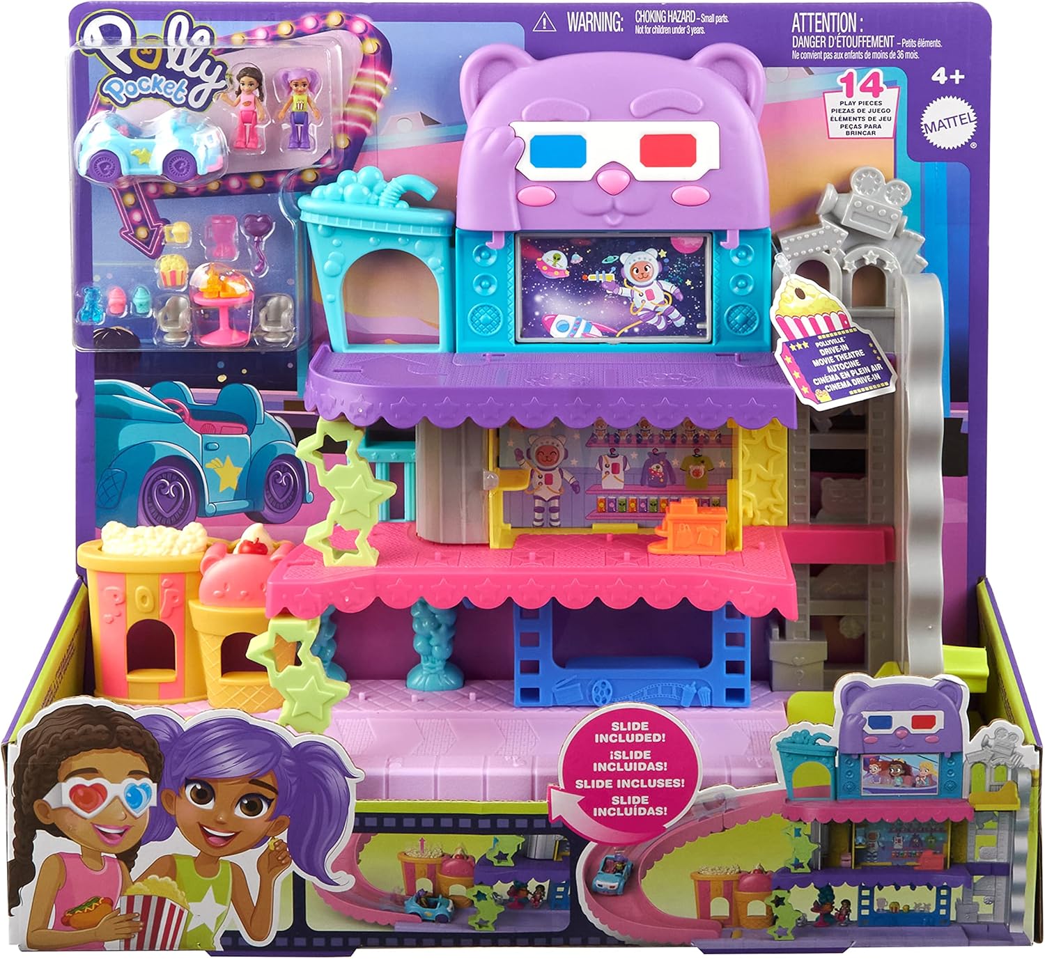 Polly Pocket Pollyville Drive-In Movie Theatre Playset - 3-Floor Interactive Playset with Micro Dolls & Car, Ages 4+ 7