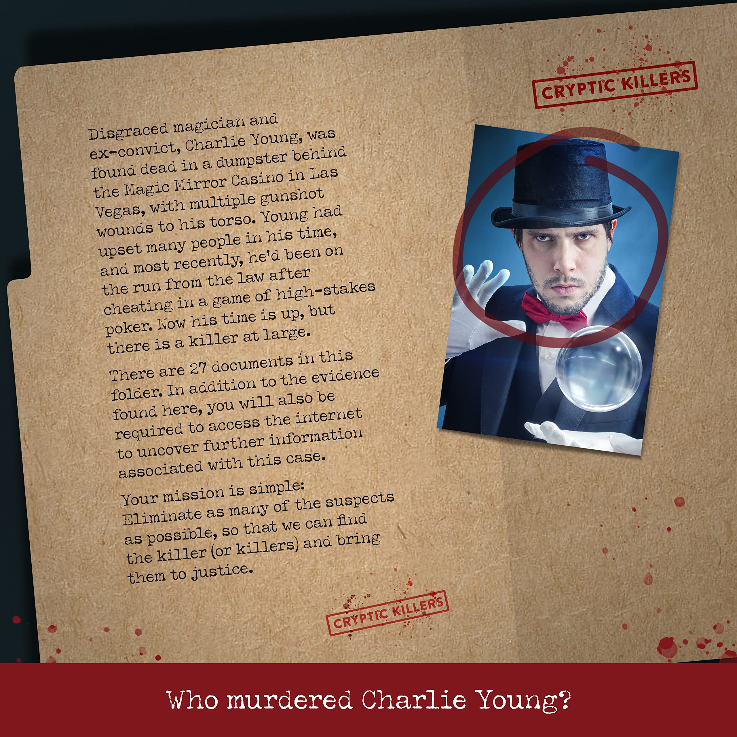 Cryptic Killers Murder at the Magic Mirror Casino Unsolved Murder Mystery Game | 2.5 Hours Playtime | Difficulty 3.5/5