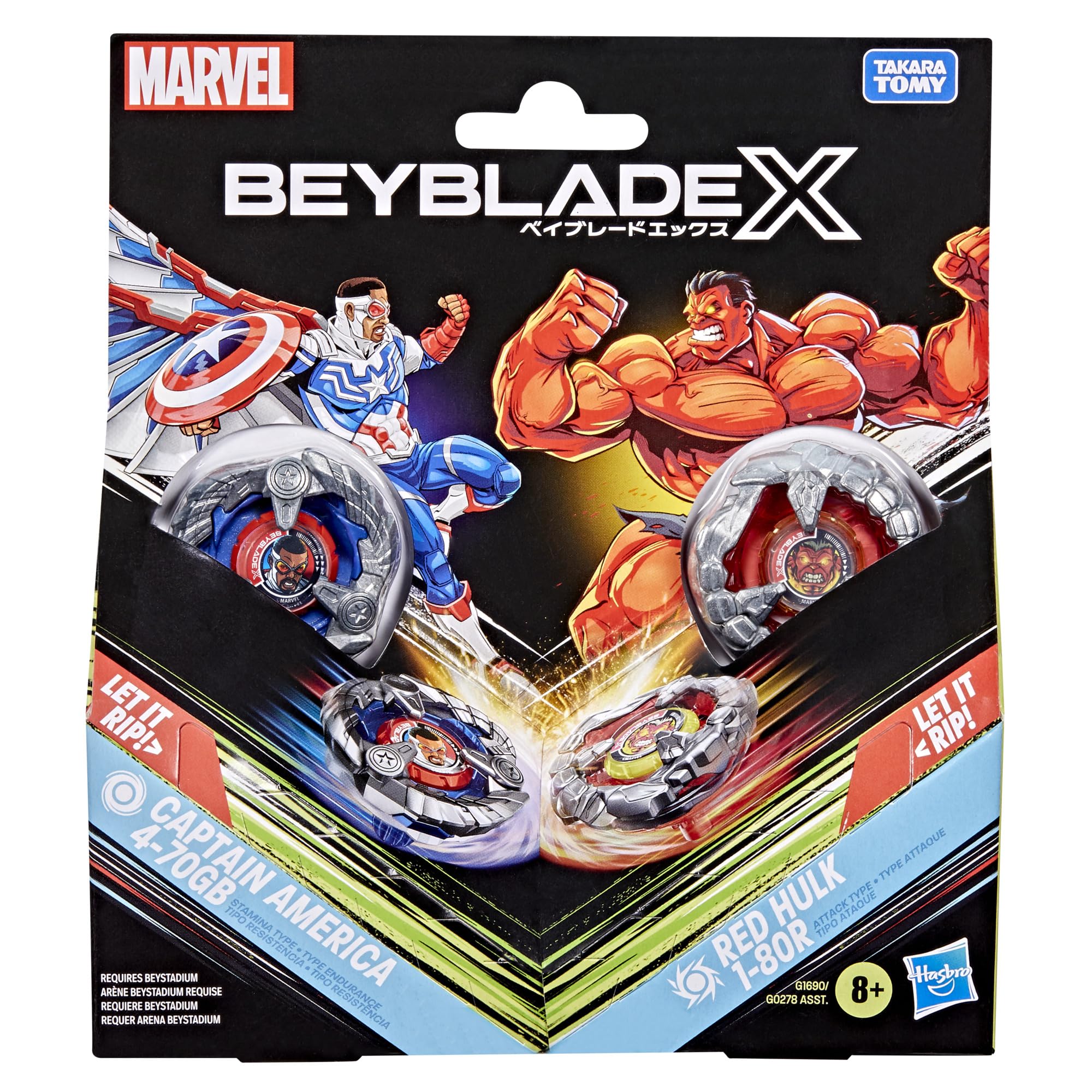 Beyblade Captain America 4-70GB vs Red Hulk 1-80R Marvel Collab Battling Tops Set