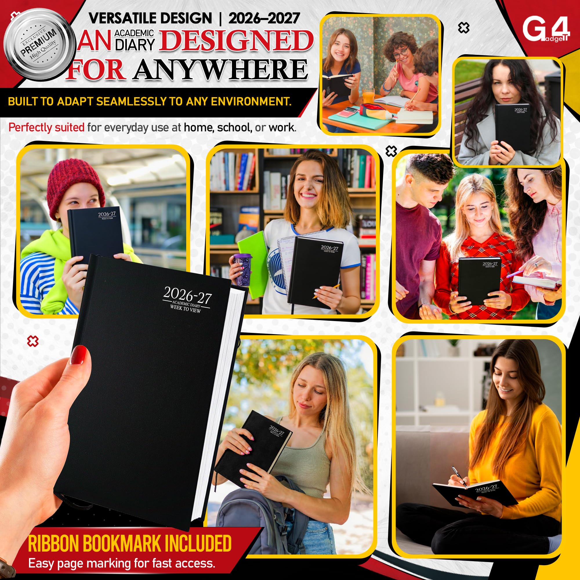 G4GADGET 2026-2027 Academic Diary - A4 Week To View Black Hardback 5